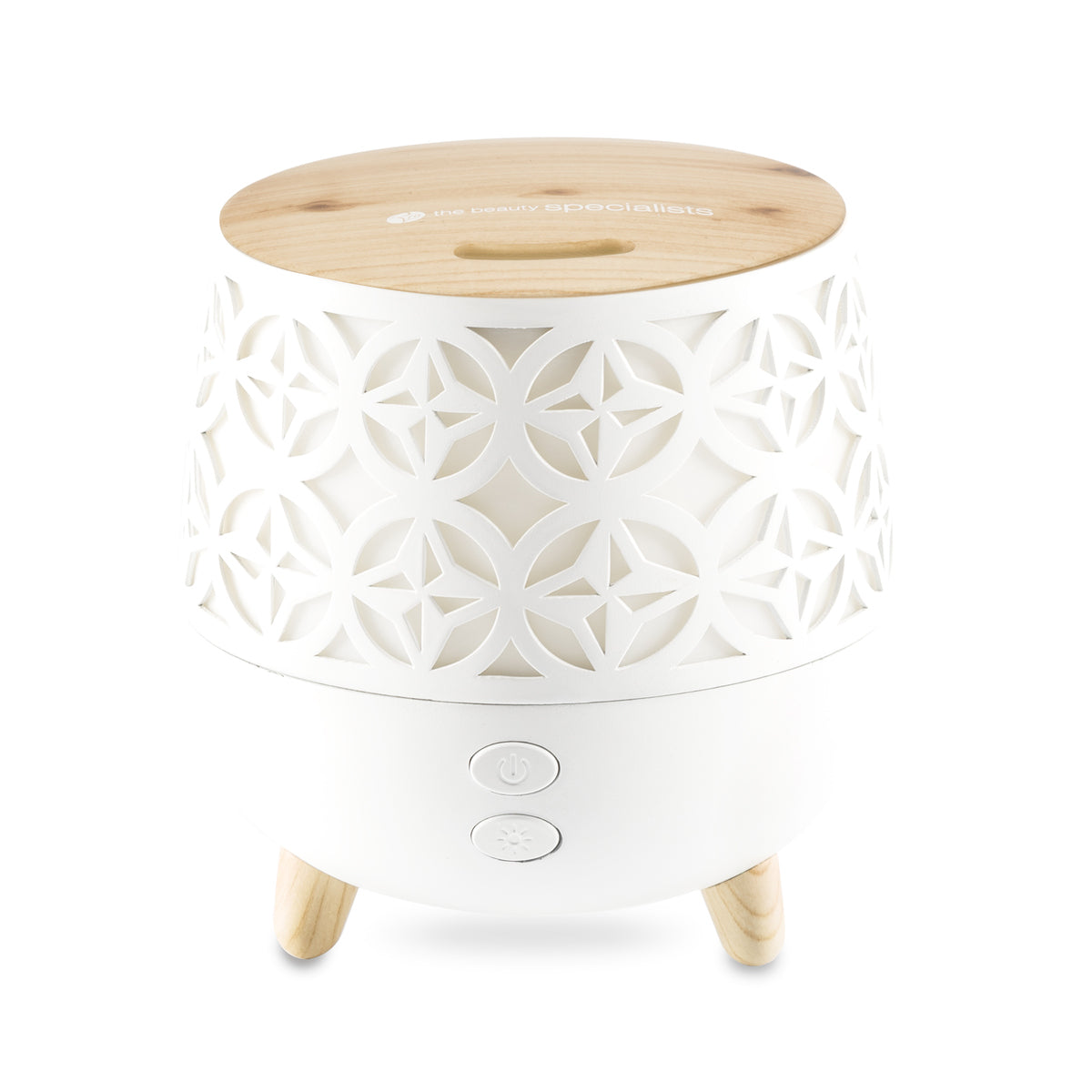 The Rio TALIA Aroma Diffuser, Humidifier & Night-Light features a white design with geometric cutouts, light wood legs, and a matching top. Front buttons control power and settings, making it ideal for any room as both diffuser and night-light.