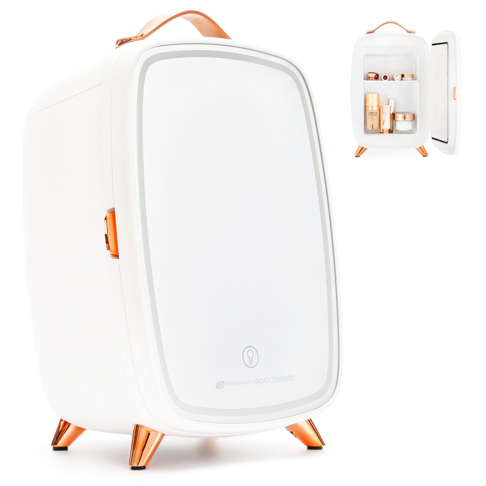 The Rio Beauty Skincare Fridge With Mirror is a sleek white mini fridge with rose gold accents and a leather handle. A closed-door main view and inset of the open fridge show chilled storage for creams and skincare on compact shelves.