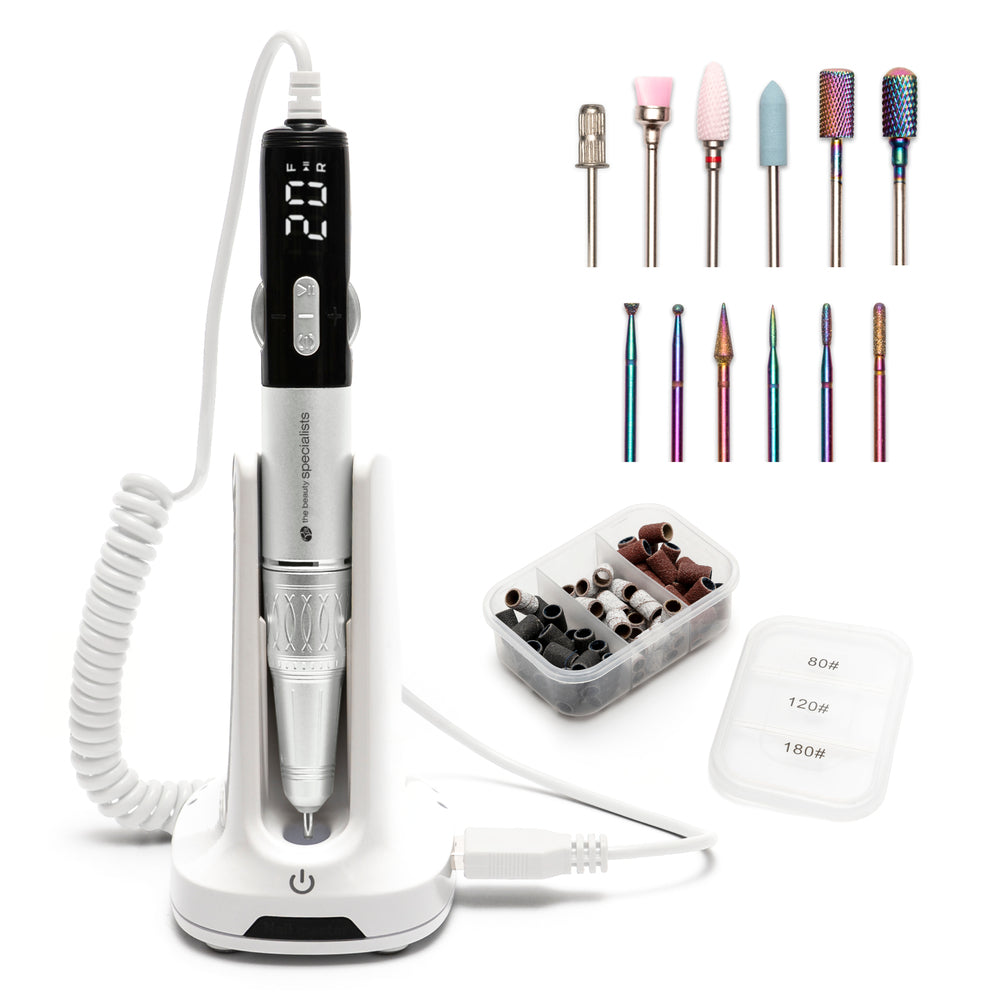 The Rio Salon Pro Electric Nail File & Drill features a digital display and charging dock, with colorful drill bits and sanding bands in a case—an all-in-one kit for salon-quality DIY manicures and pedicures at home.