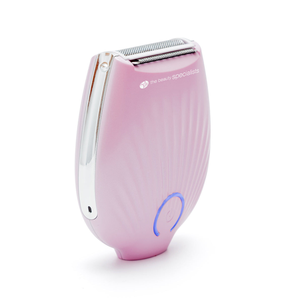 The Rio GO SMOOTH Lady Shaver is a pink, shell-shaped portable shaver with a silver trimming blade, blue-lit power button, and Rio branding on the front. Standing upright on a white background, its ideal for effortless shaving on the go.