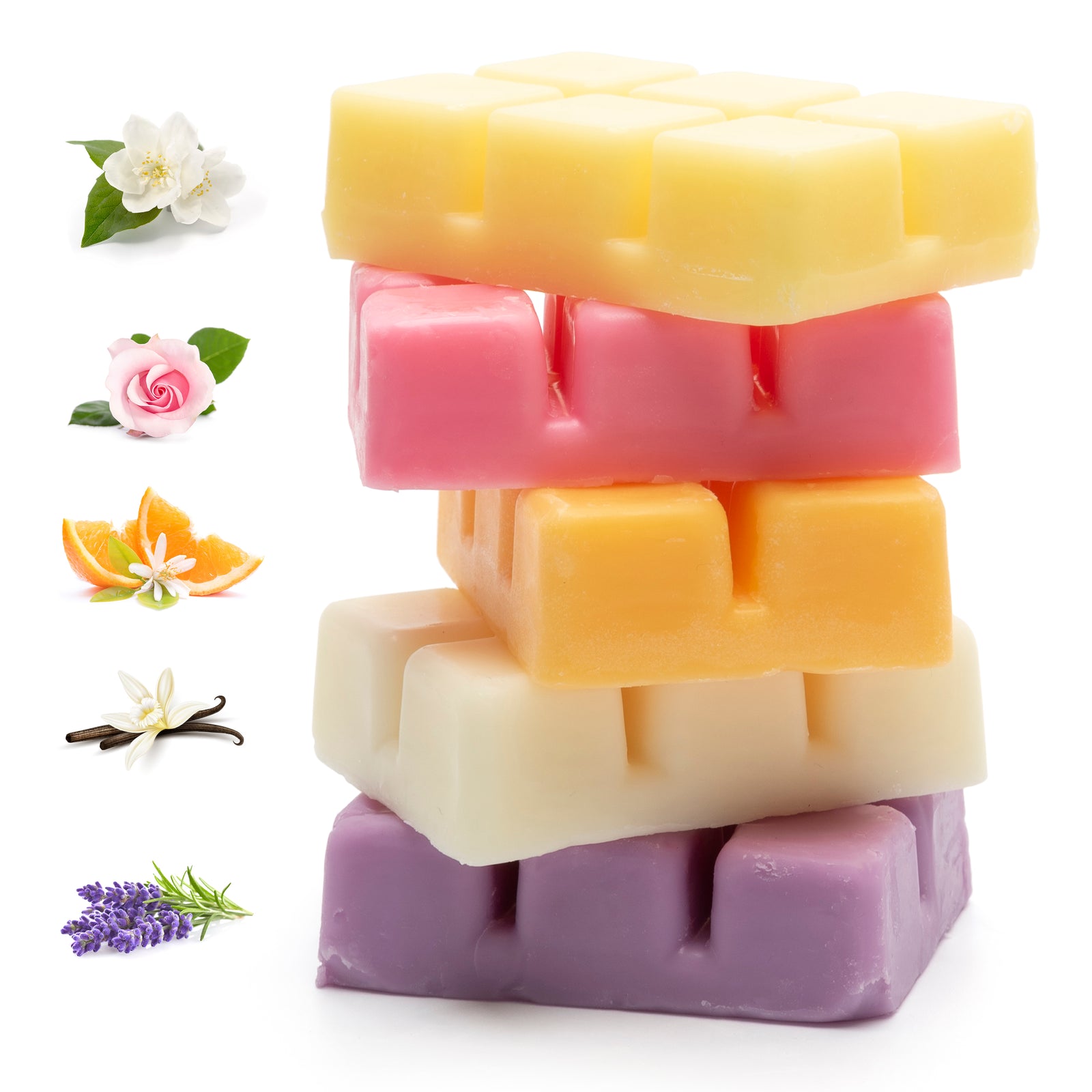 The Rio Scented Soy Wax Melts - Pack of 5 Fragrances features colorful melts in yellow, pink, orange, white, and purple, inspired by jasmine, rose, orange, vanilla, and lavender—ideal for use with your favorite wax burners.