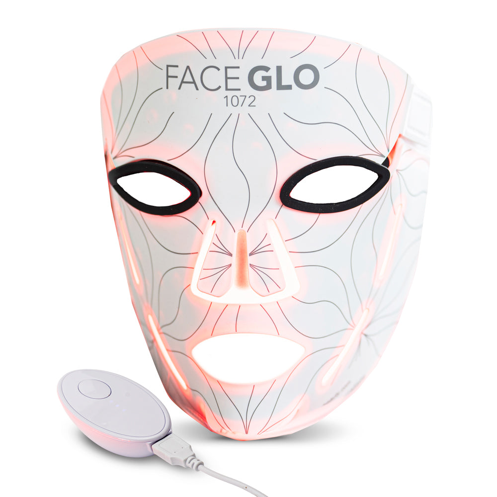 FaceGLO Mask with LED lights and control device on a white background