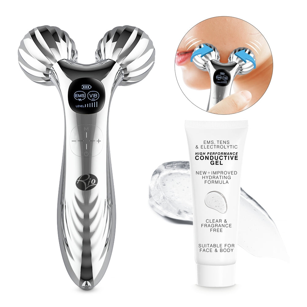 The Rio Face & Body Massage Roller in silver features two spherical heads, a digital display, and control buttons. Shown with clear conductive gel and a close-up of the skin-firming device being used on a person's face.
