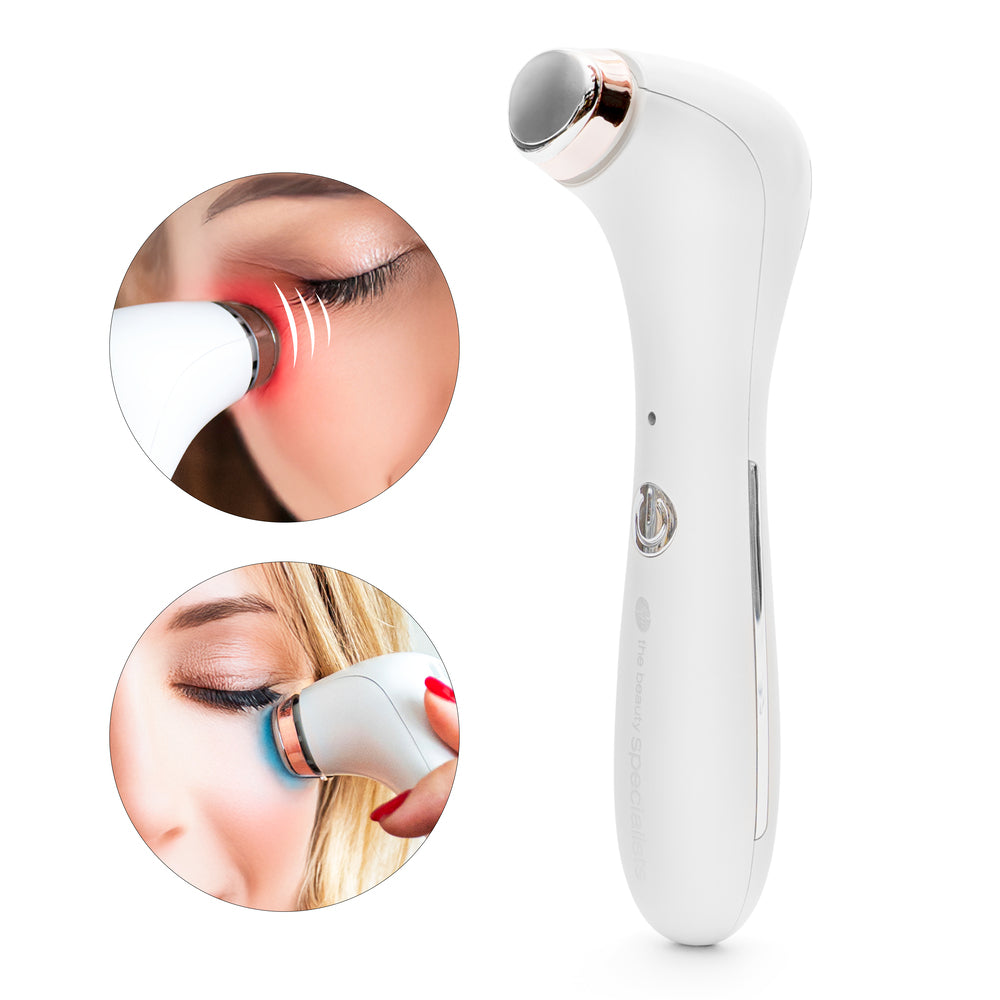 A white Rio Eye Refreshing Massager with a metallic tip is shown. Two circular insets feature a woman using it around her eyes, illustrating its skincare benefits for reducing puffiness and dark circles.