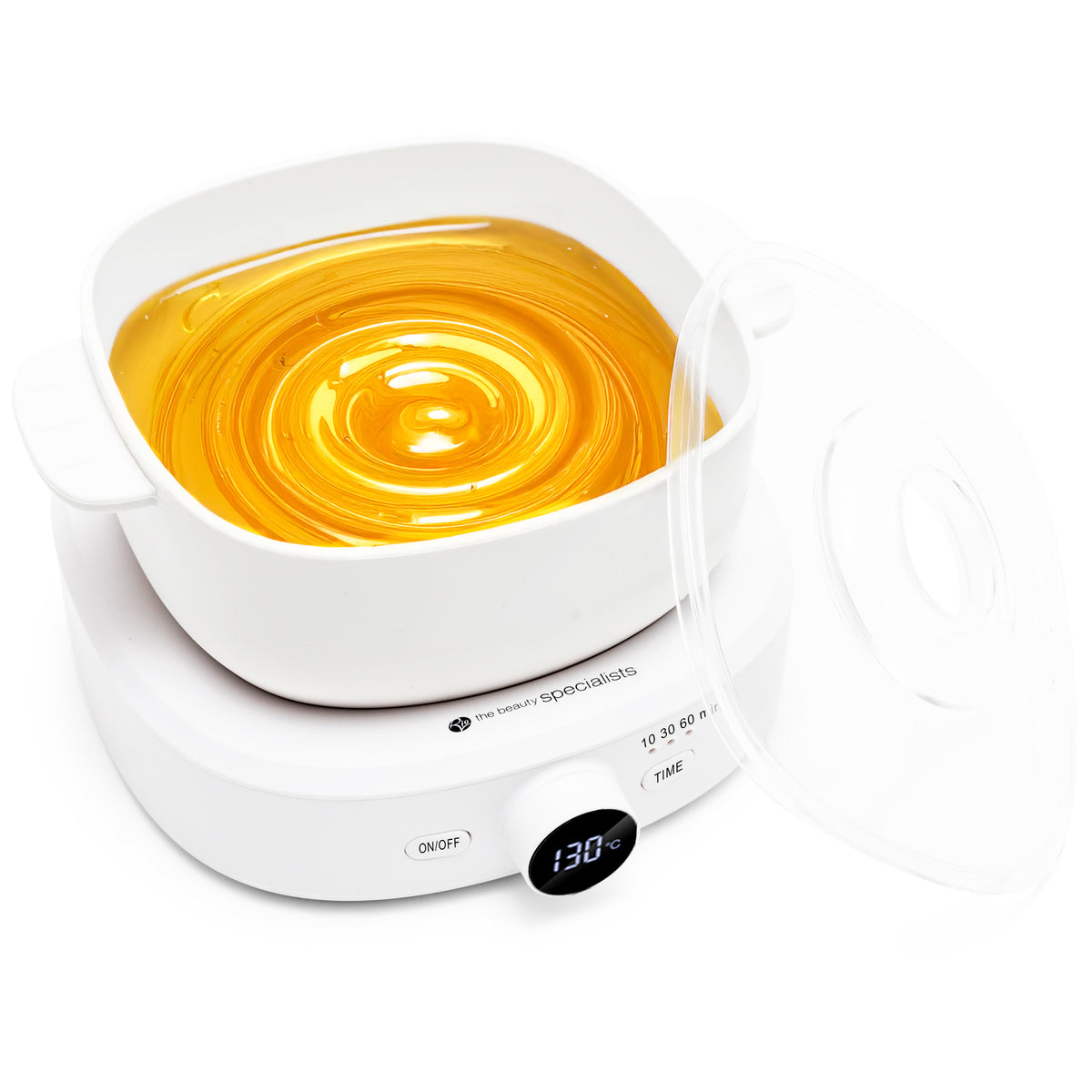 The Rio Go Smooth Hair Removal Wax Heater in white features a clear lid, digital display at 130°C, ON/OFF and timer controls—perfect for professional waxing or melting wax melts.