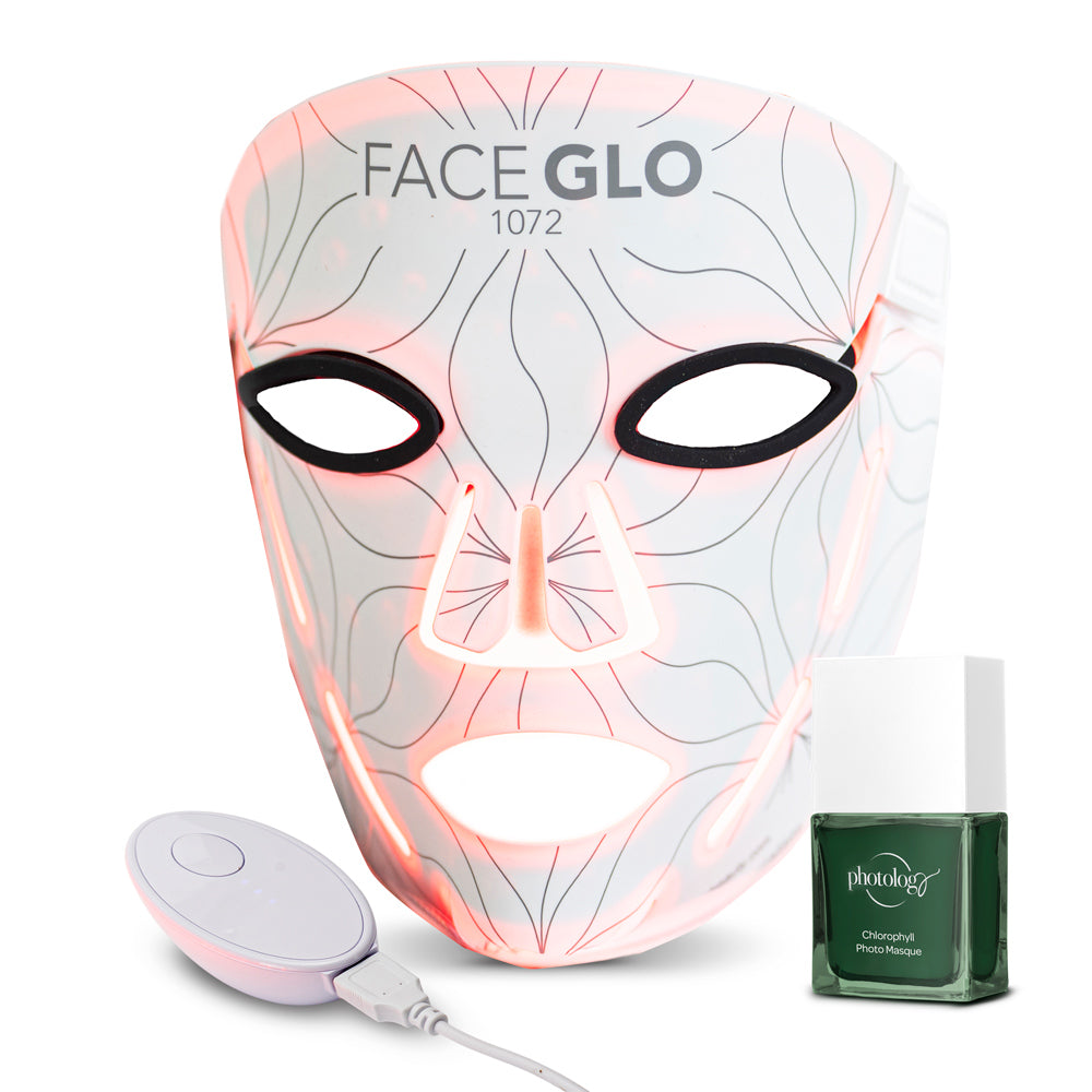 Rio’s FaceGLO mask (model 1072) with glowing red lights, a green bottle of Photologer Chlorophyll Facial Drops, and a remote are shown on white, highlighting three treatment wavelengths.