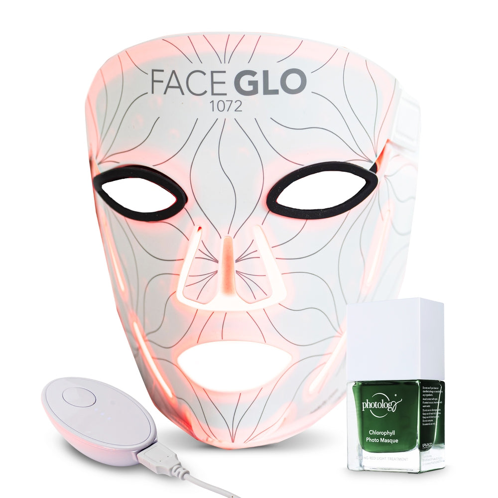 The Rio FaceGLO with Photology Chlorophyll Light Masque emits pink light, includes a handheld controller, and comes with a bottle of chlorophyll photo masque skincare.