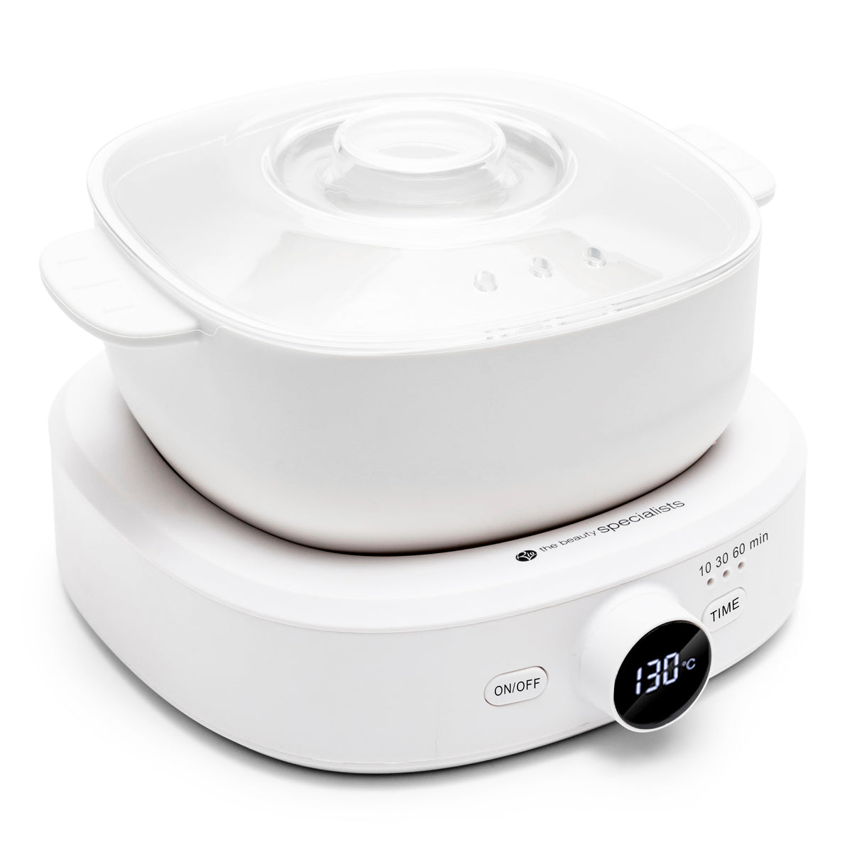 The Rio Go Smooth Hair Removal Wax Heater is a modern white unit with a digital temperature display (up to 130°C), time dial, on/off button, and clear glass lid—ideal for melting wax for professional hair removal.