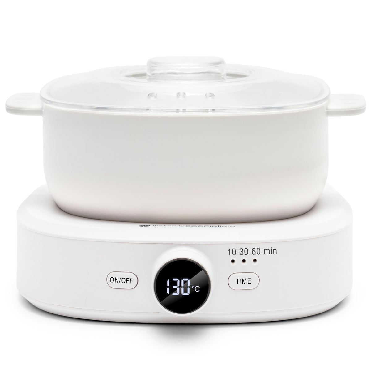 The Rio Go Smooth Hair Removal Wax Heater features a digital display set to 130°C, ON/OFF and timer buttons, plus a ceramic pot with glass lid—ideal for melting wax for professional hair removal.