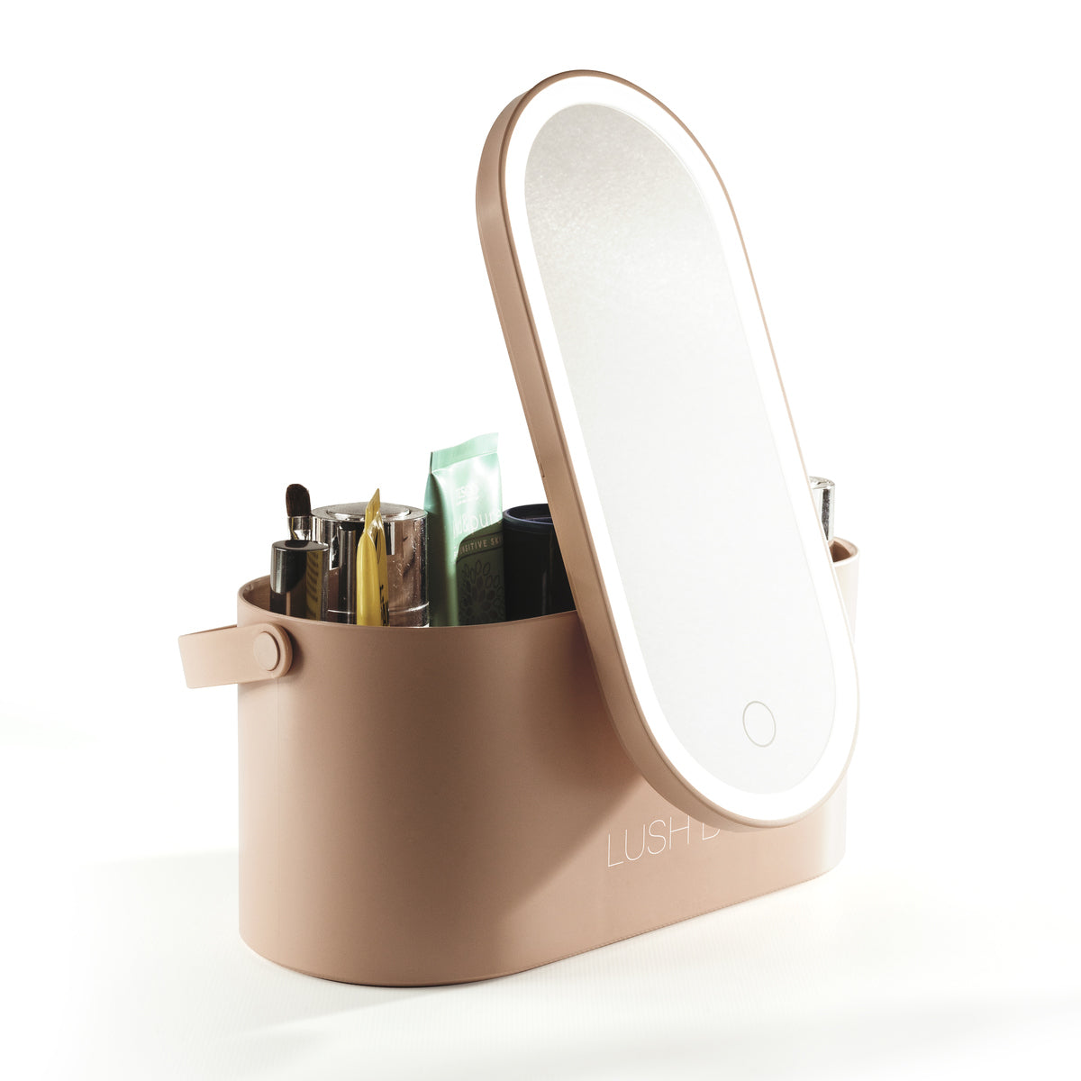 The Rio Lush Box Vanity Case features a beige, minimalist design with a soft matte finish, oval mirror on the lid, and space for beauty products—making it a stylish and practical travel organizer for your daily routine.