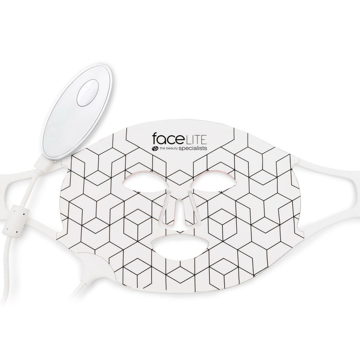The Rio faceLITE beauty boosting LED face mask is a white mask with a geometric cube pattern, eye, nose, and mouth openings, adjustable straps, and an attached oval controller—designed to help reduce fine lines and wrinkles.