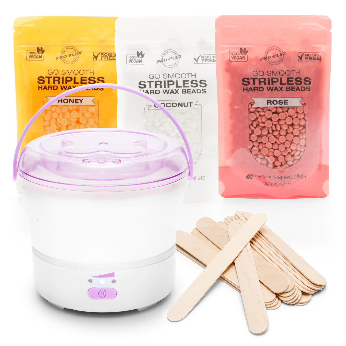 The Rio GO SMOOTH HARD WAX HEATER with a purple lid is shown in front of three stripless hard wax bead bags—honey, coconut, and rose—ideal for full-body hair removal. Wooden spatulas are placed beside the heater.