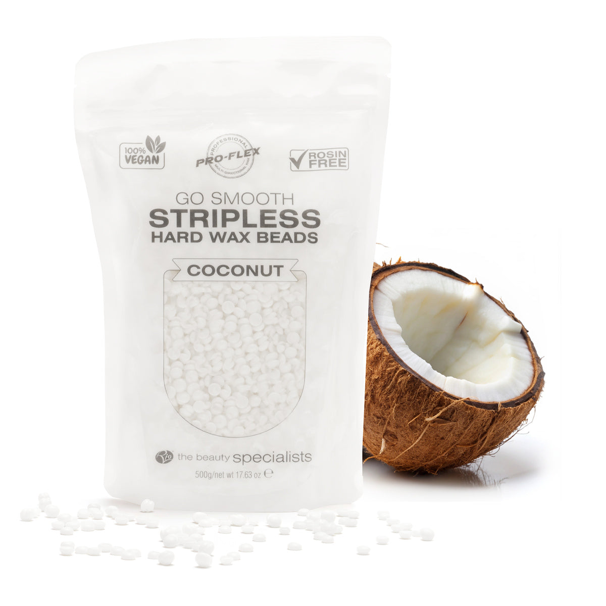 A 500g pack of Rio Coconut Go Smooth Stripless Hard Wax Beads stands upright next to a halved coconut; white beads are scattered in front, offering smooth skin with each use.