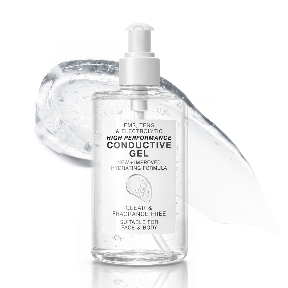A clear pump bottle labeled Rio EMS, TENS, Electrolytic & Micro-Current Toning Conductive Gel 250ml stands before a smear of gel. The label highlights its fragrance-free, hydrating formula, suitable for both face and body.