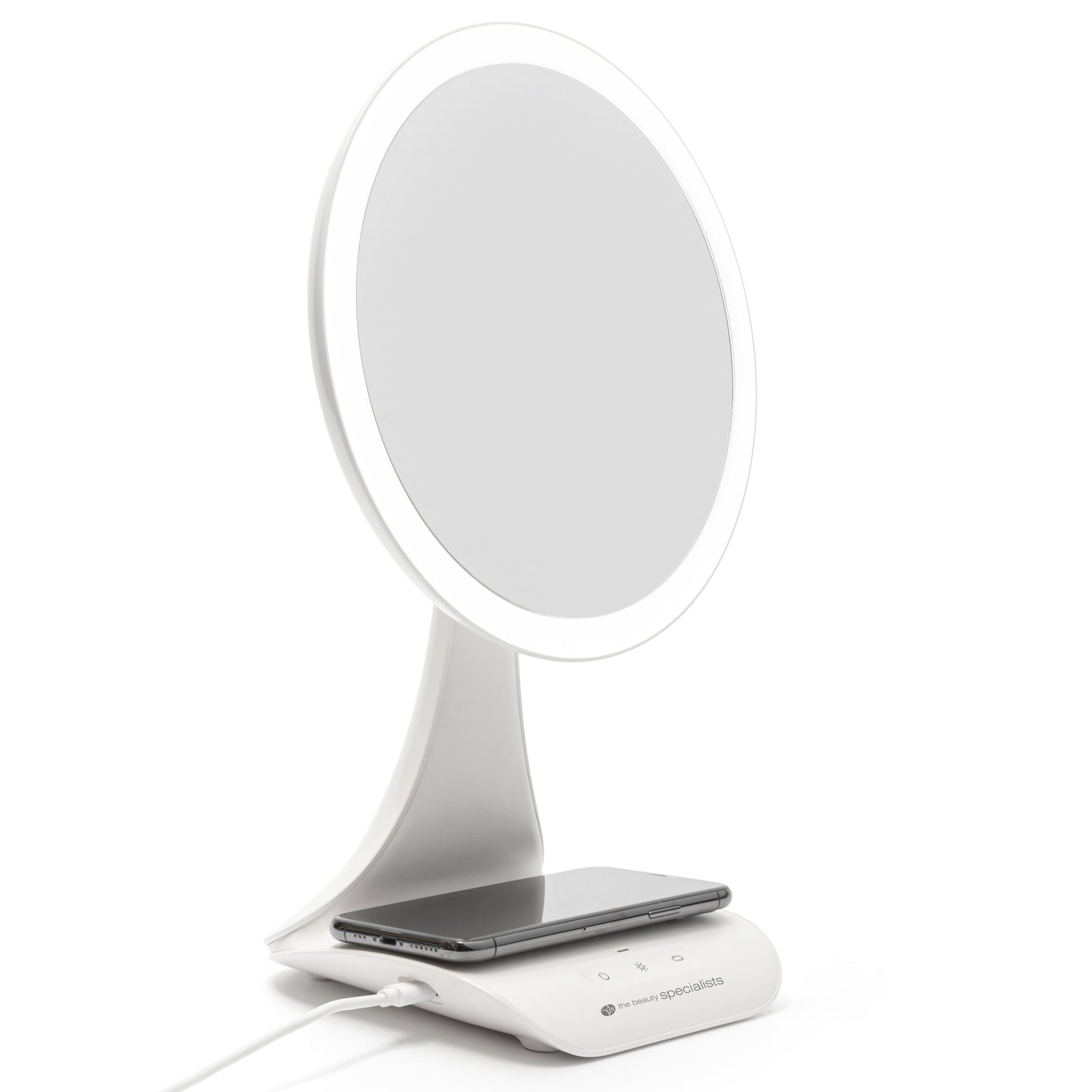 The Rio 5x magnification LED makeup mirror includes a built-in stand and wireless charging station at its base, allowing you to charge your smartphone with ease using the wireless pad or an additional charging cable.