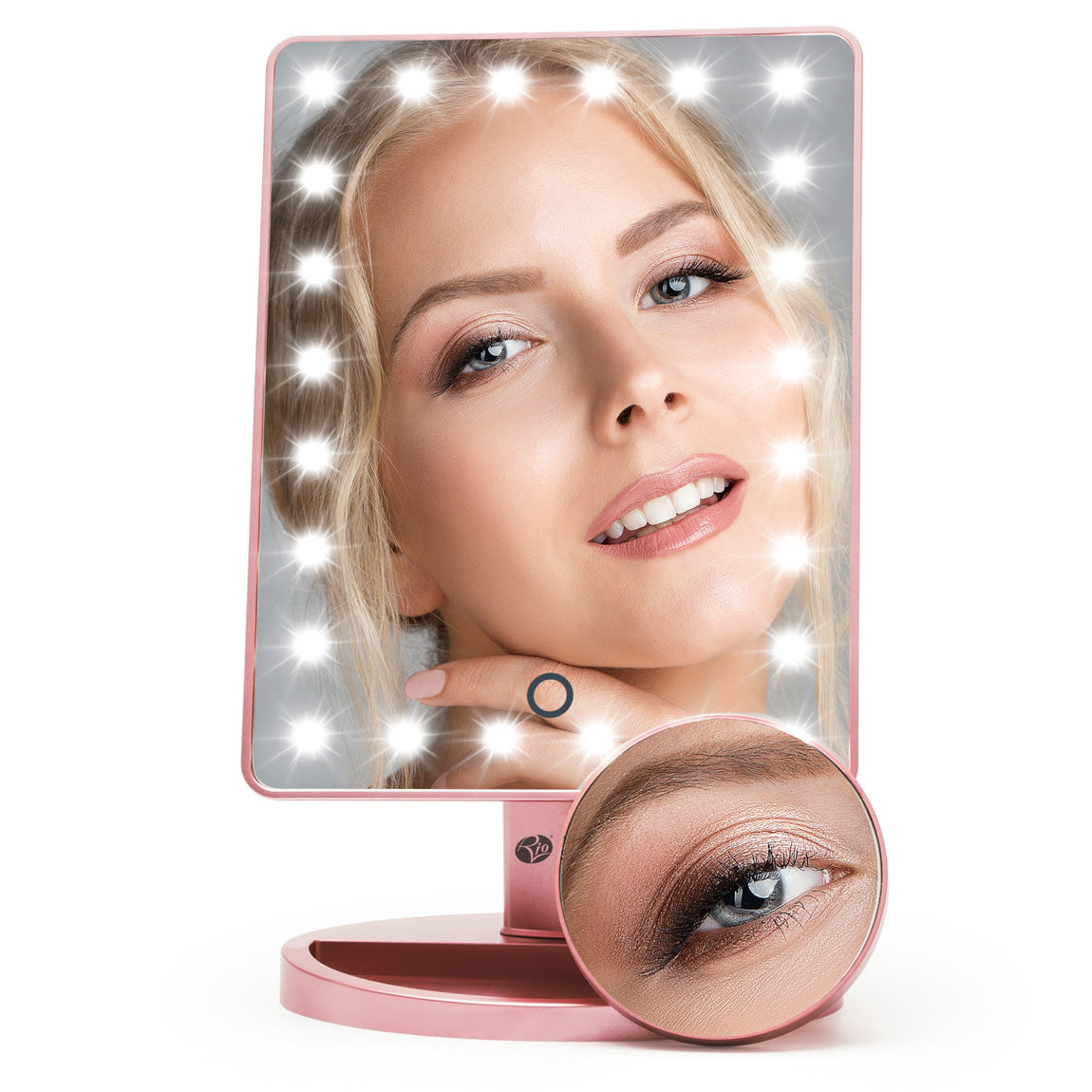 A Rio Rose Gold 24 LED Makeup Mirror displays a woman smiling with natural makeup, while the mini removable 10X Magnifying Mirror in the corner highlights her detailed eye makeup.