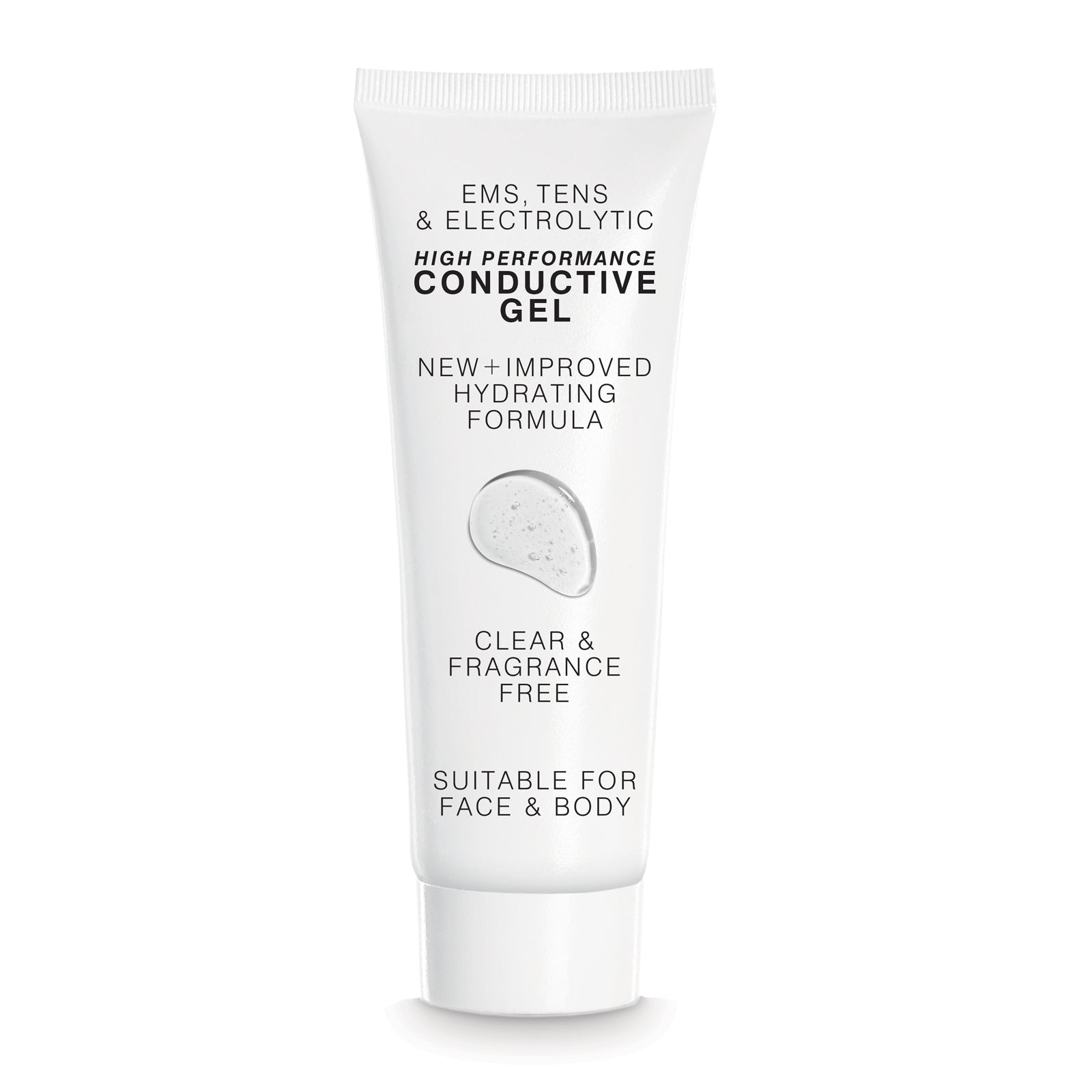 A white tube labeled Rio EMS, TENS, Electrolytic and Micro-Current Toning Conductive Gel 85ml features a hydrating, clear, fragrance-free formula for face and body, ideal for EMS toning, TENS, and micro-current device use.