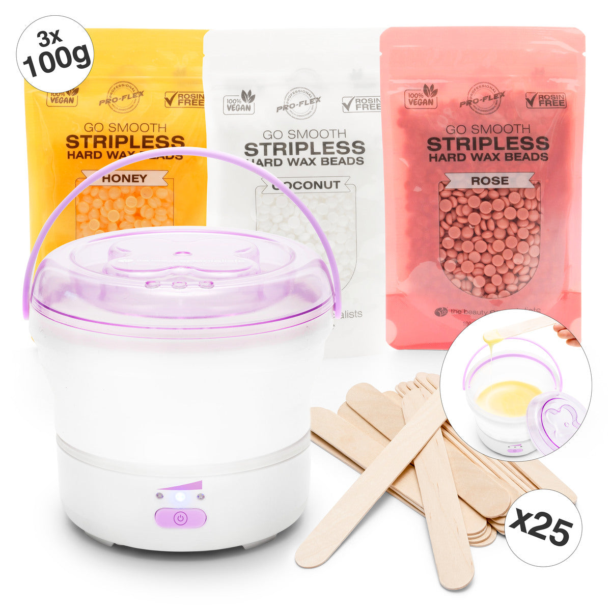 The Rio GO SMOOTH HARD WAX HEATER kit includes a white and purple wax heater, three hard wax bead packs (honey, coconut, rose), and wooden spatulas. An inset image shows wax melting inside the heater. Ideal for full-body hair removal.