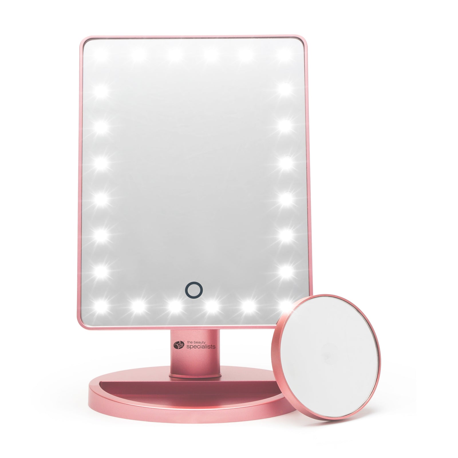 The Rio Rose Gold 24 LED Makeup Mirror features built-in lights around the edge and includes a mini removable 10X magnifying mirror resting in front of the base.