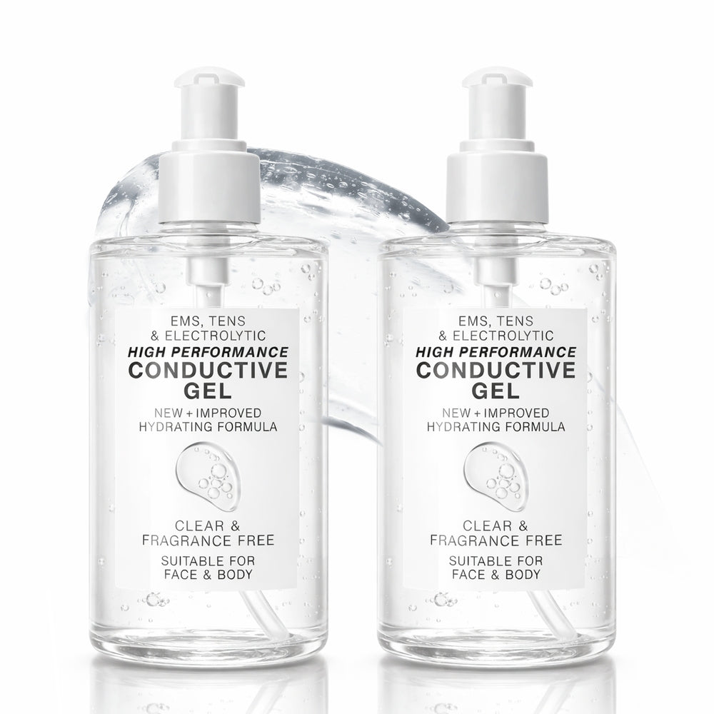 Two clear pump bottles of Rio EMS, TENS, Electrolytic and Micro-Current Toning Conductive Gel (2 x 250ml) with clear gel inside are shown side by side. A streak of gel appears in the background. Suitable for face and body; fragrance free.