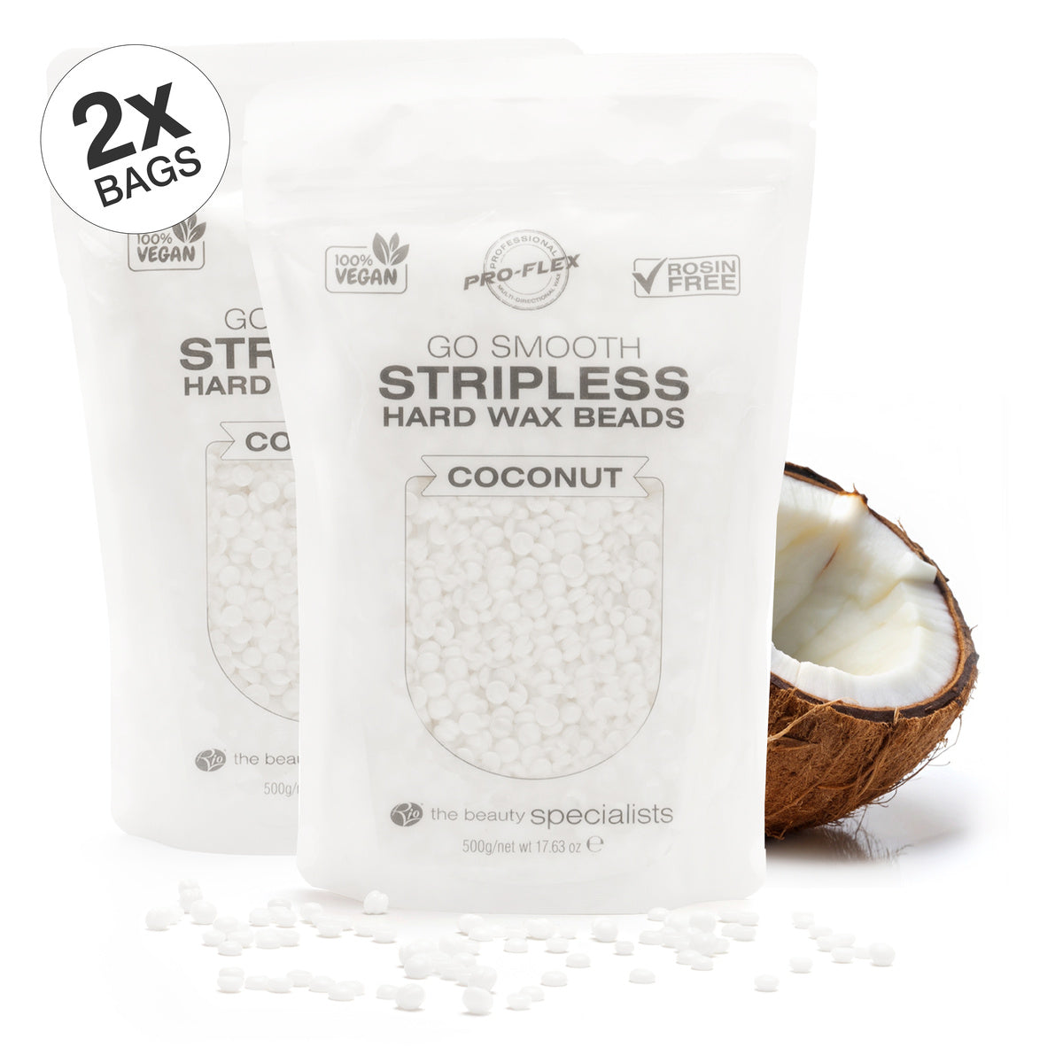 2 pouches of 100g coconut scented GO SMOOTH STRIPLESS hard wax beads with half a coconut in the background