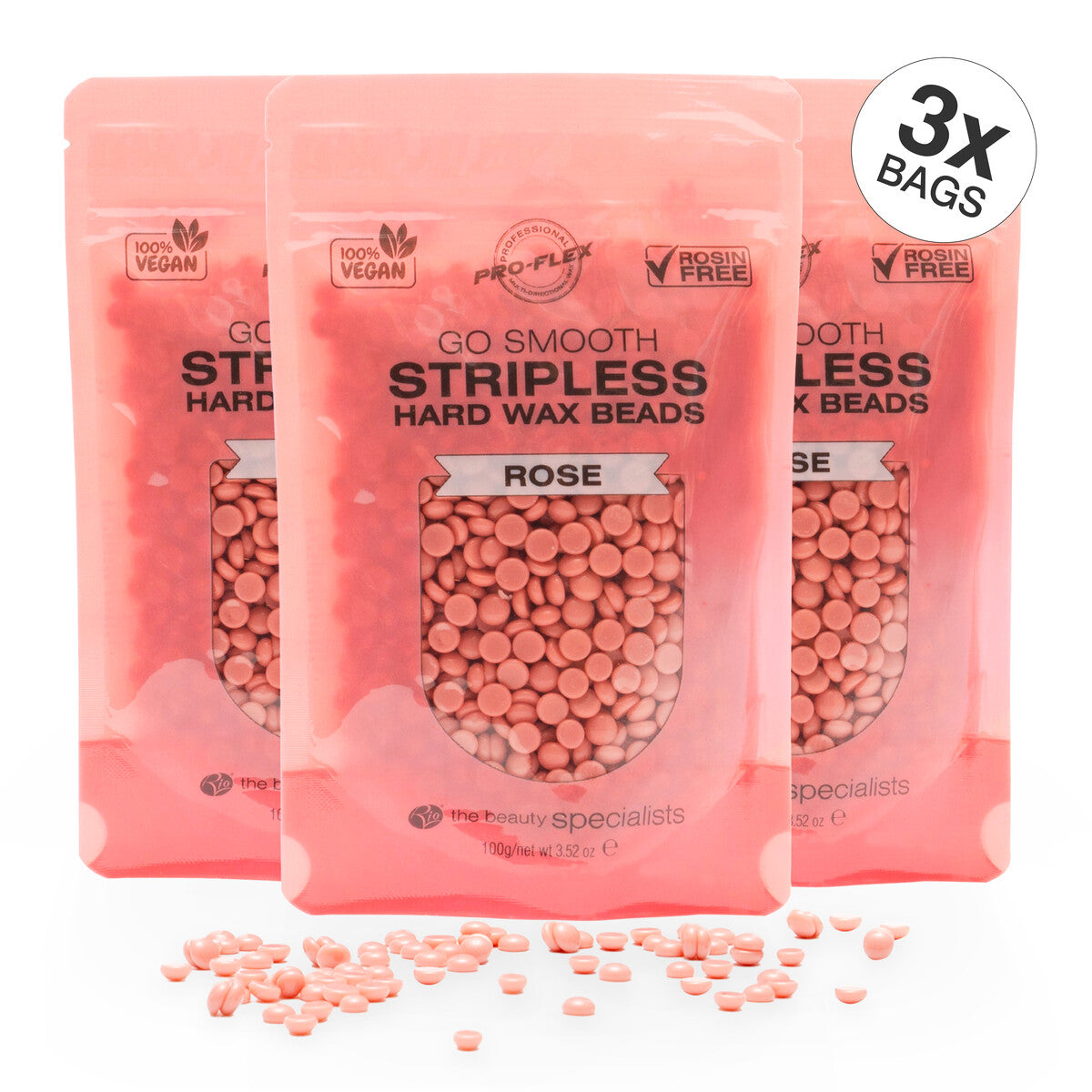 3 pouches of 100g rose scented GO SMOOTH STRIPLESS hard wax beads