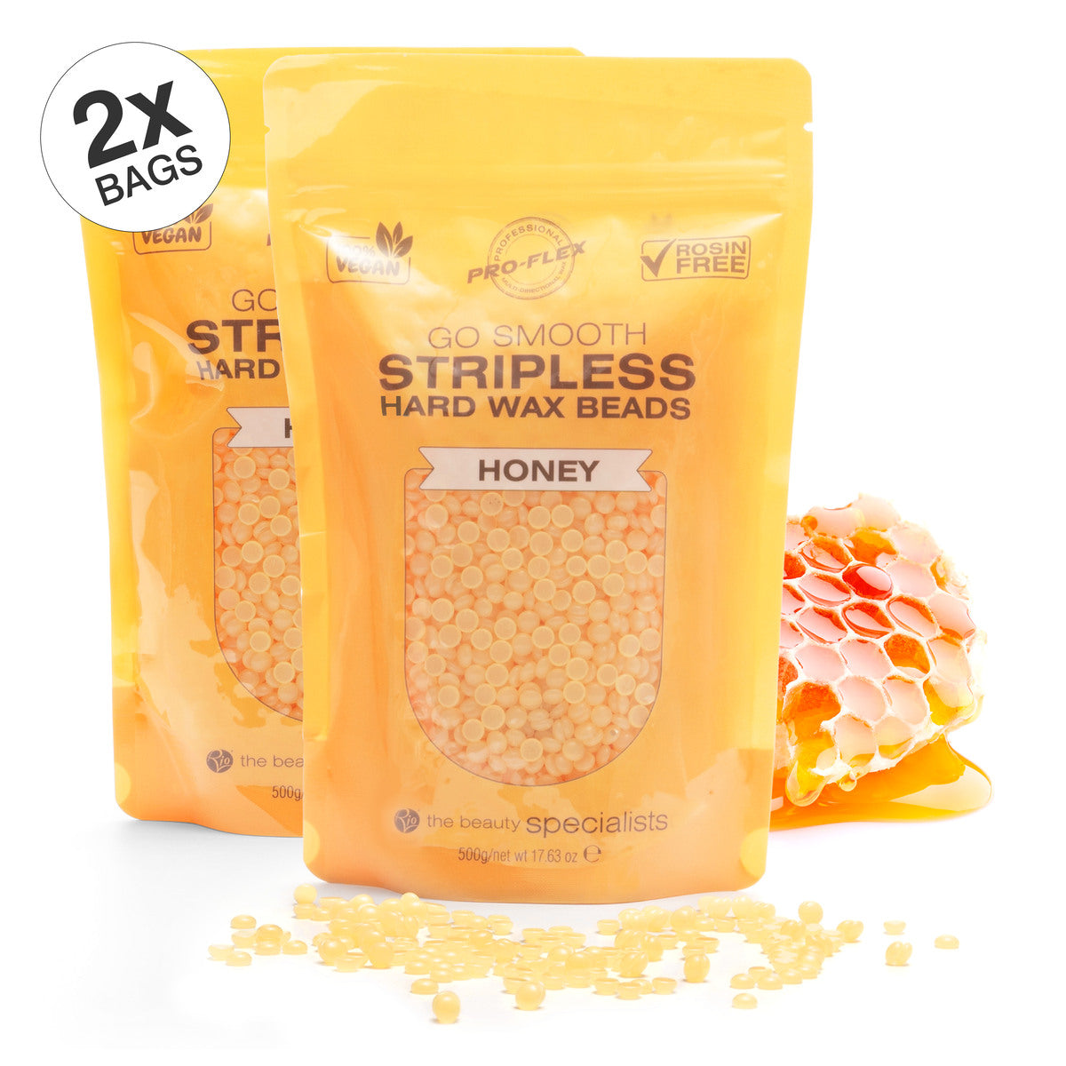 Two yellow resealable bags of Rio Honey Go Smooth Stripless Hard Wax Beads (500g) are shown with beads spilled in front and a honeycomb piece beside the bags. A 2X BAGS label is displayed for smooth skin results.