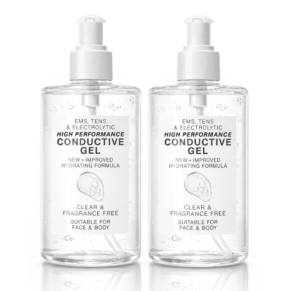 Two clear 250ml pump bottles of Rio’s EMS, TENS, Electrolytic and Micro-Current Toning Conductive Gel stand side by side on a white background. The bottles are labeled Clear & Fragrance Free, suitable for face and body use.