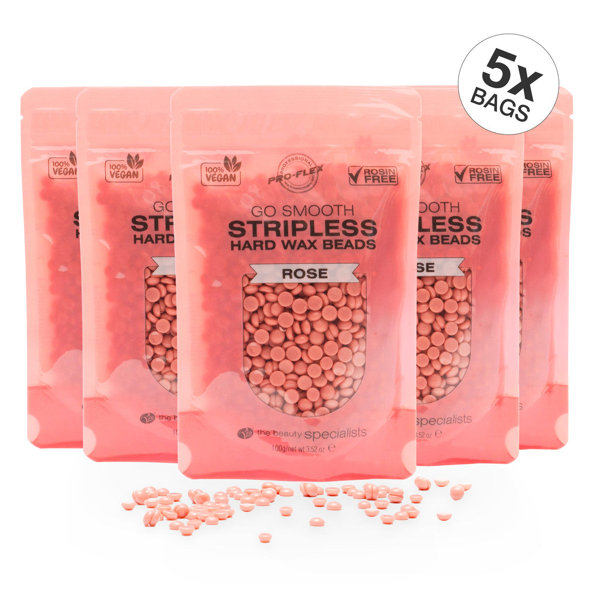 5 pouches of 100g rose scented GO SMOOTH STRIPLESS hard wax beads