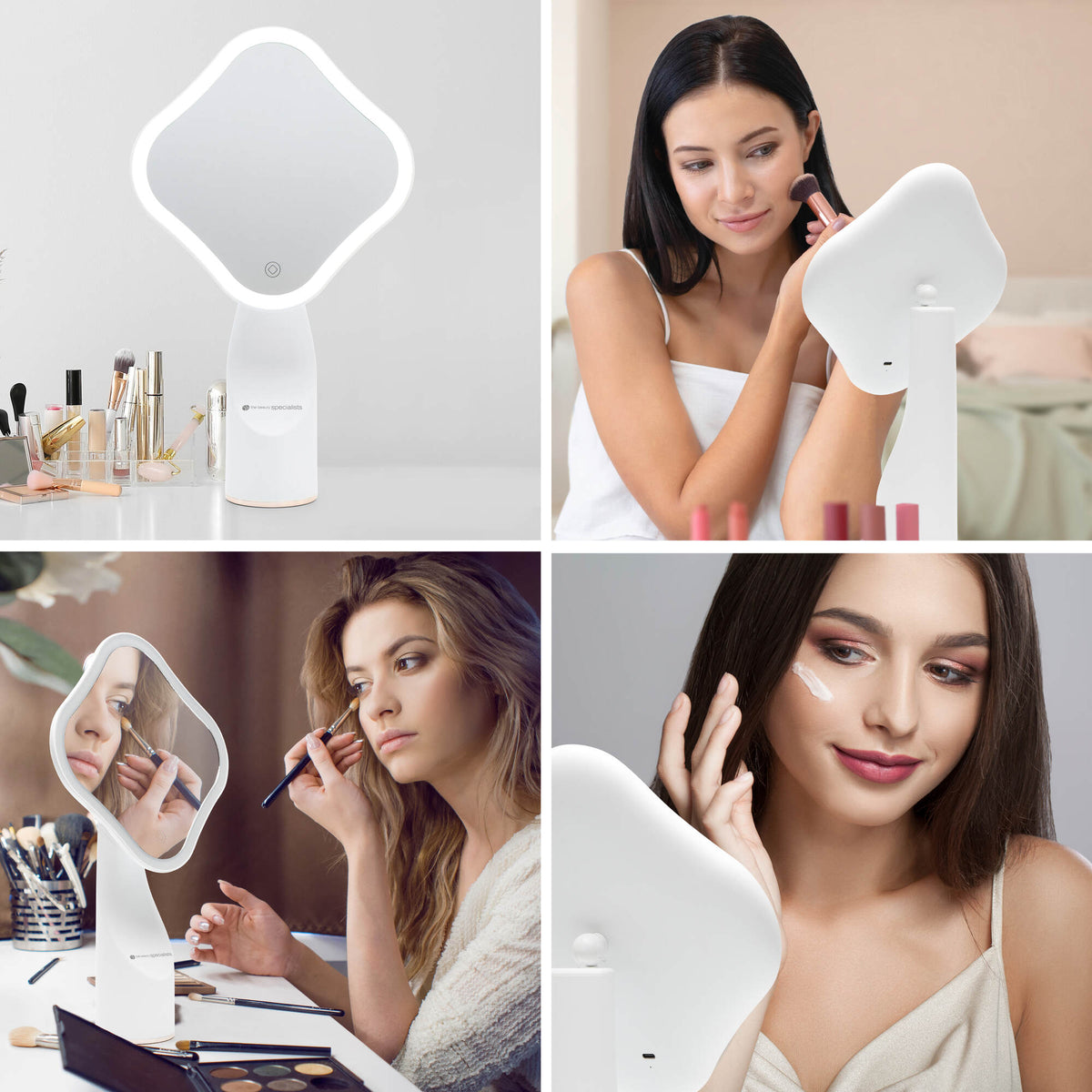 Collage of four images showing women using the Rio Illuminated Full Size Beauty Mirror to apply makeup at a table with cosmetics, featuring close-up and wide-angle shots in well-lit settings.