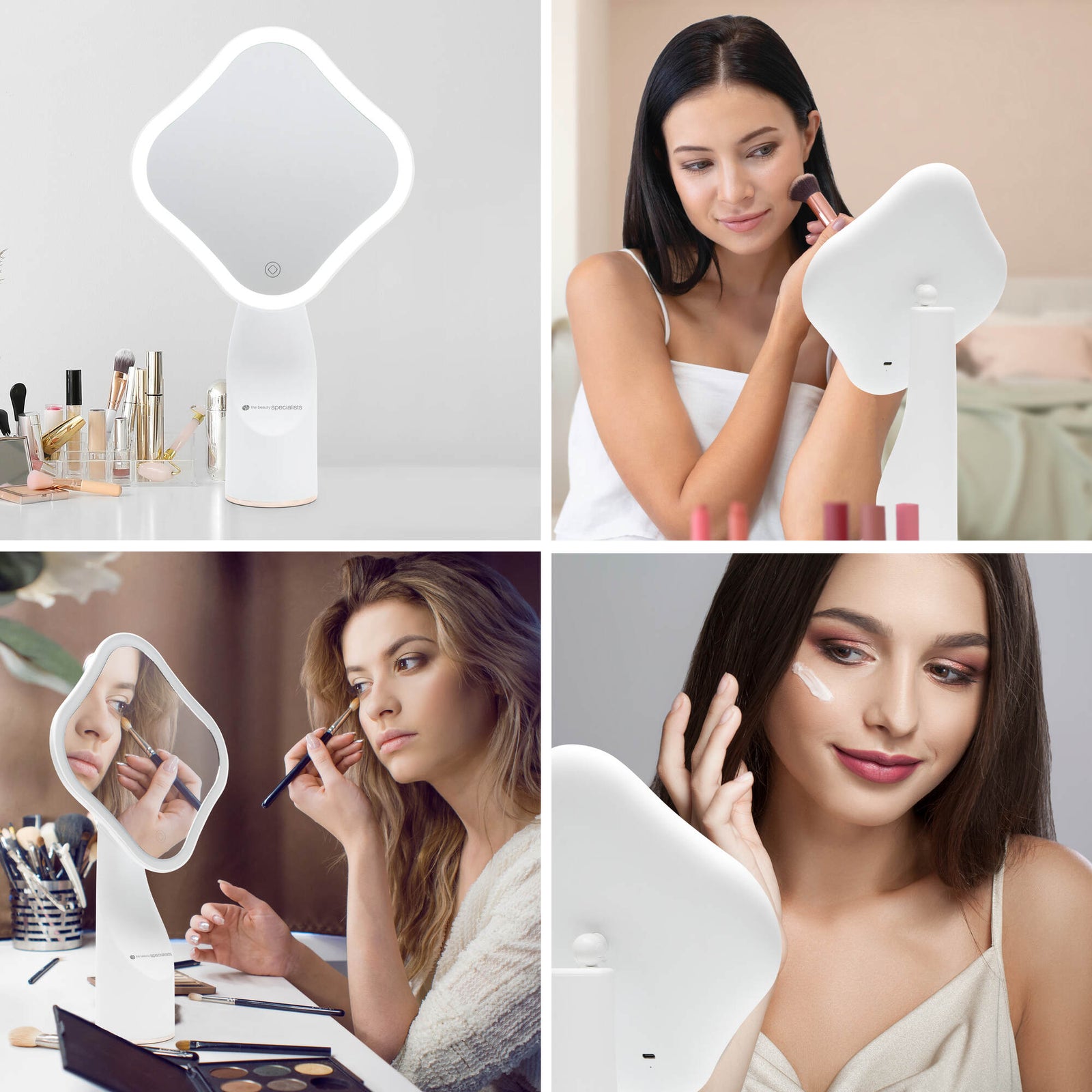 Collage of four images showing women using the Rio Illuminated Full Size Beauty Mirror to apply makeup at a table with cosmetics, featuring close-up and wide-angle shots in well-lit settings.