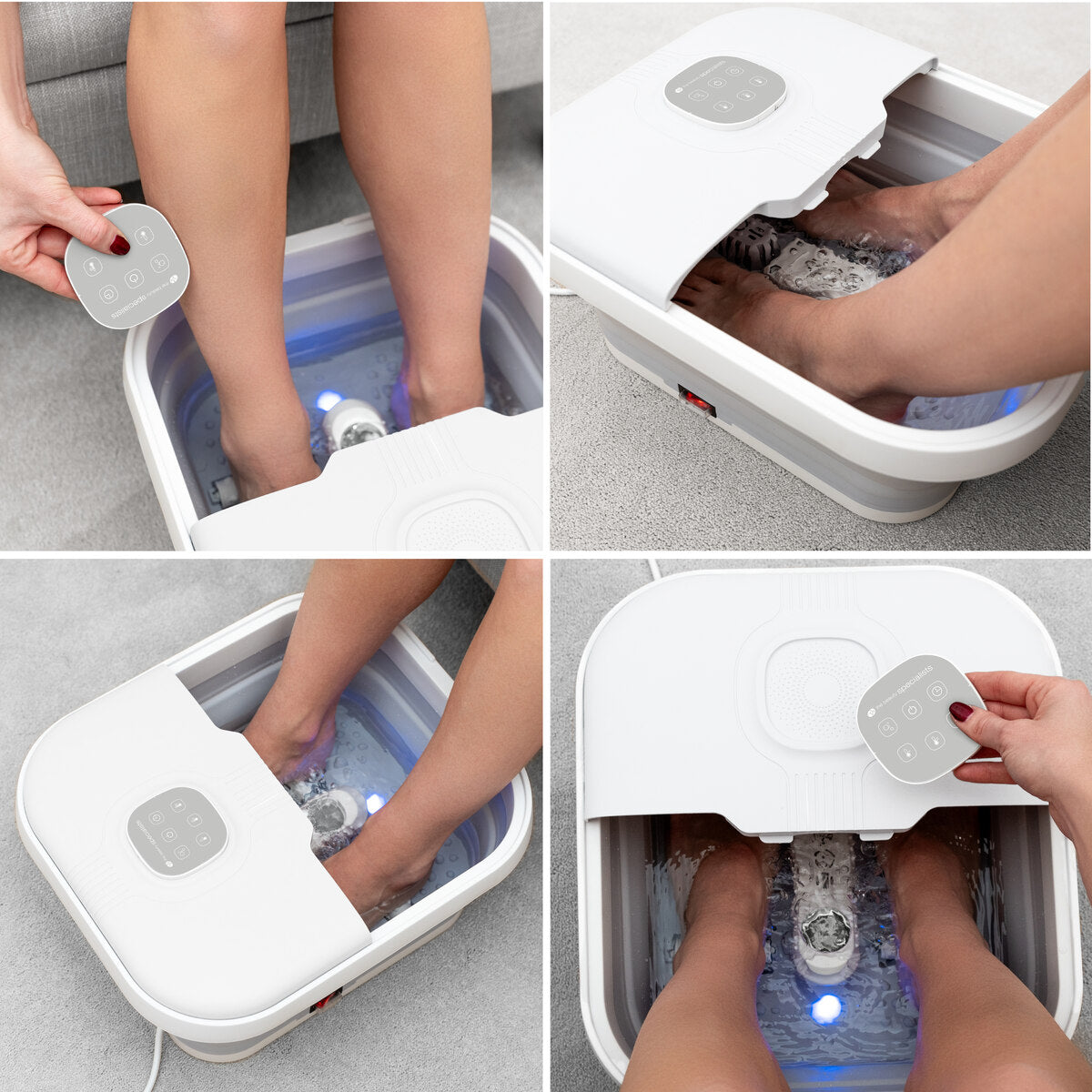 A collage of four images displays the Rio Deluxe Foldaway Foot Spa Bath in use, highlighting bubbling water, LED lights, and remote control from various angles for a luxurious foot treatment.
