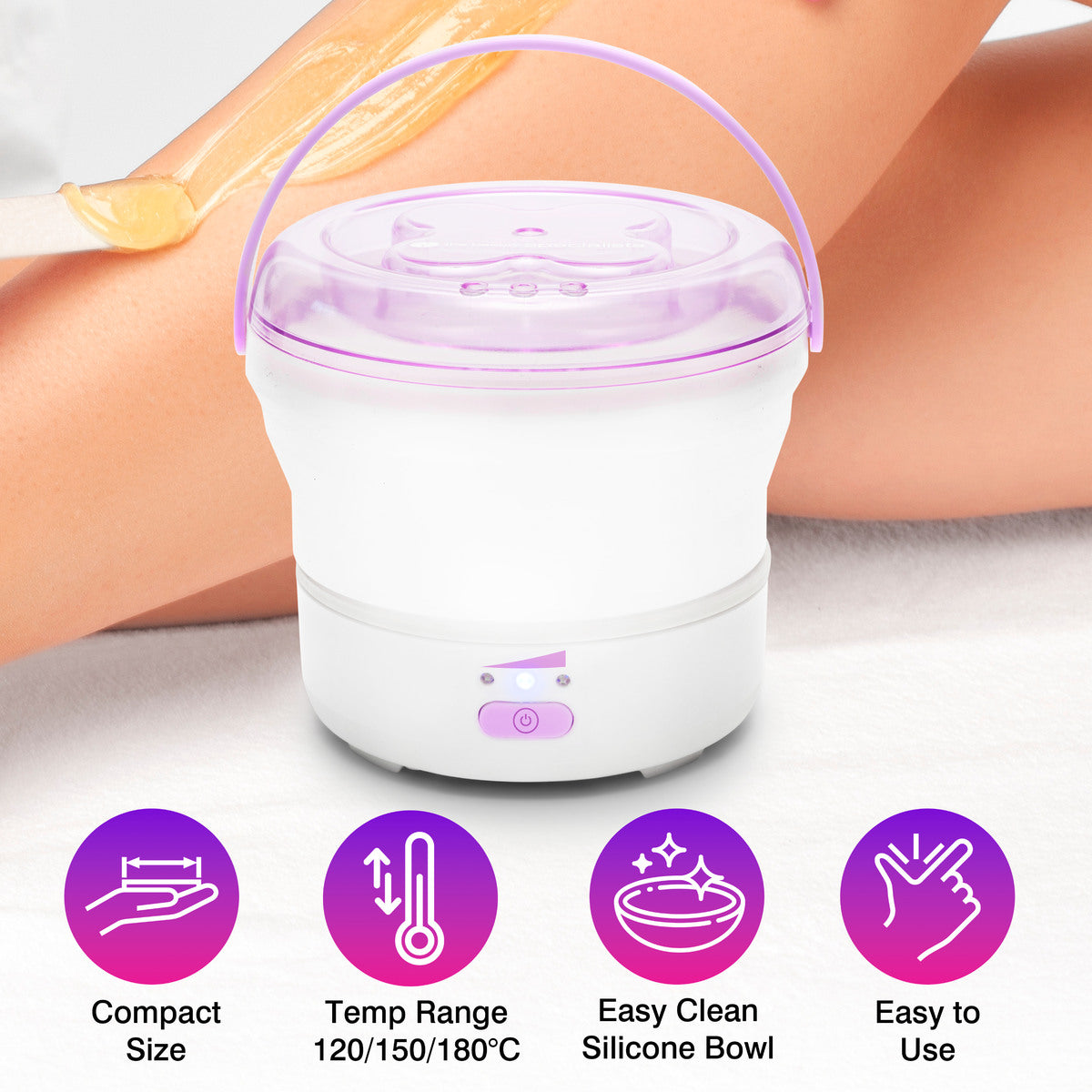 The Rio GO SMOOTH HARD WAX HEATER with a purple lid is shown, offering a compact design, adjustable temps (120/150/180°C), an easy-clean silicone bowl, and simple use—ideal for full-body hair removal. A leg waxing scene is in the background.
