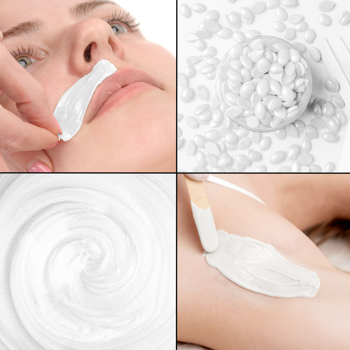 A collage of four images: a person applying Rio Coconut Go Smooth Stripless Hard Wax Beads (100g) above their upper lip, a bowl of the beads, melted white wax, and wax spread on an arm for smooth skin.