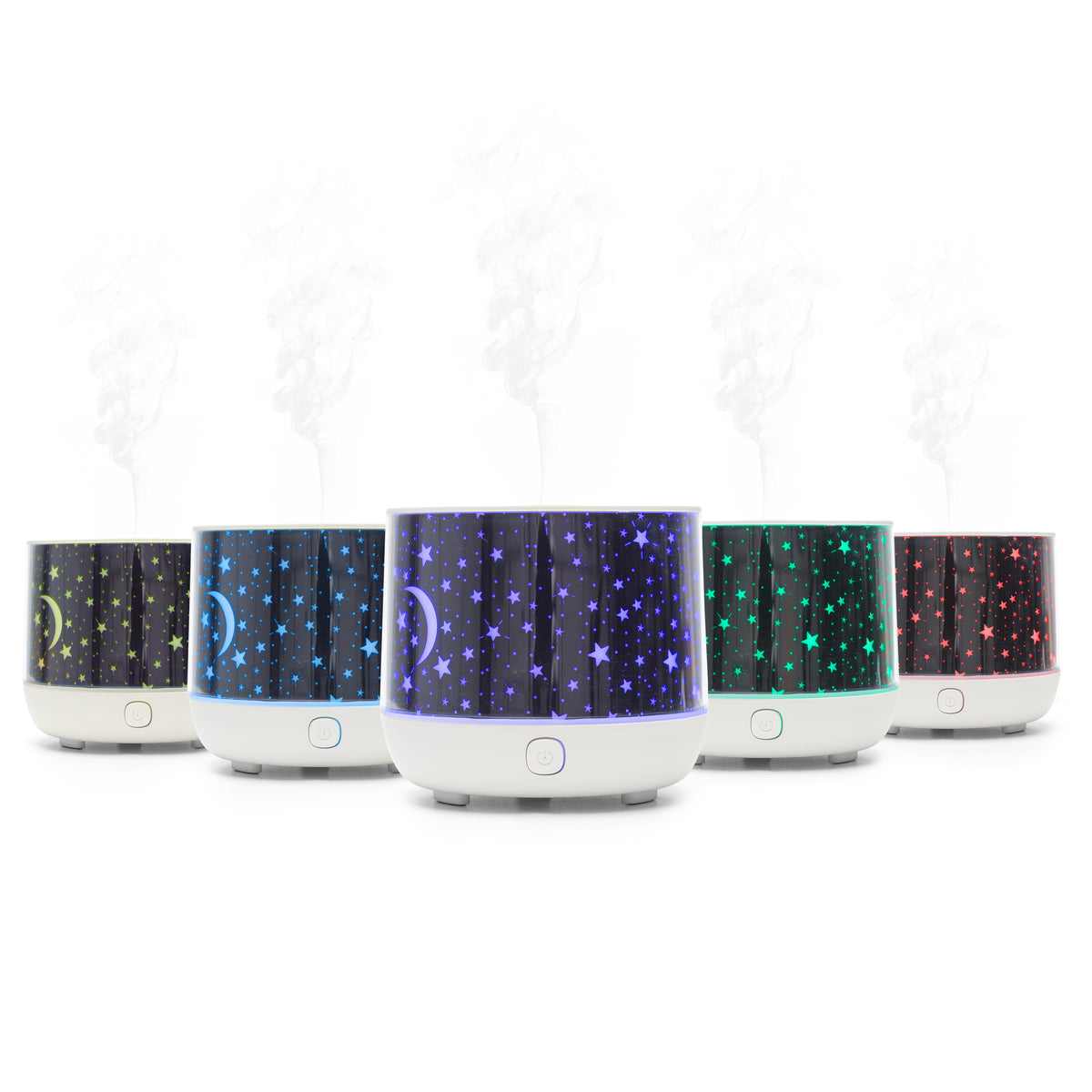 The Rio Dream Time Aroma Diffuser, Humidifier, and Night Light emits mist and glows in yellow, blue, purple, green, and red with star and moon designs. Each unit enhances comfort while providing soothing illumination.