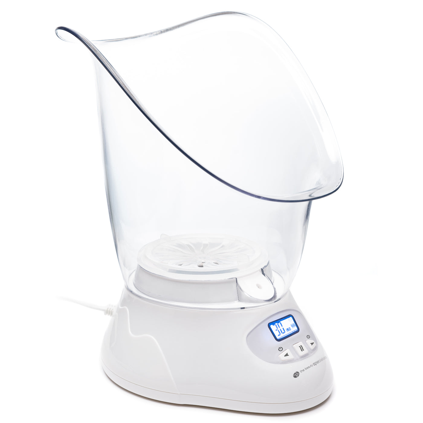 The Rio Facial Sauna Skincare Spa with Steam Inhaler features a clear curved mask, digital controls, and a vented steam outlet, providing a soothing home spa facial treatment—ideal for skincare routines.