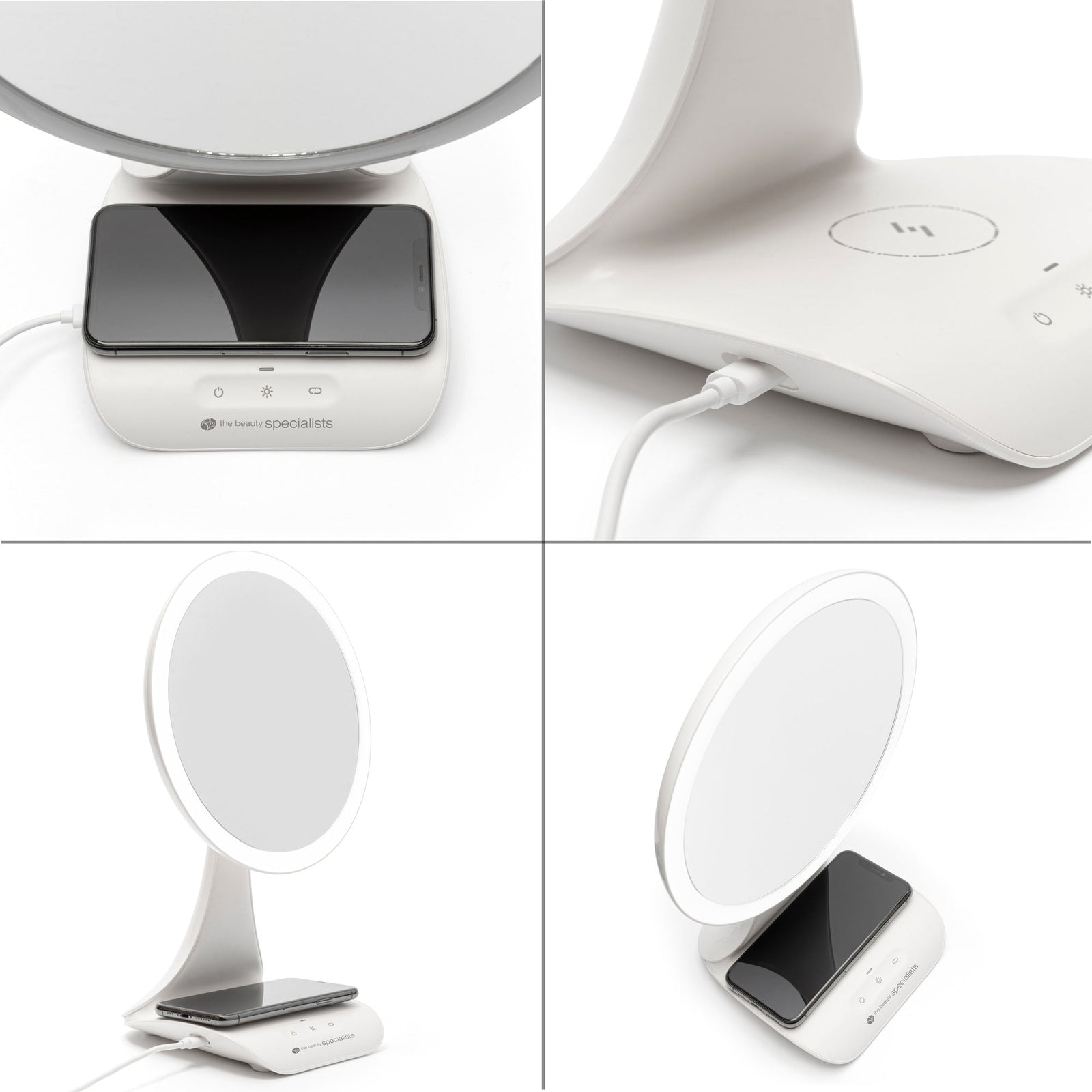The Rio 5x magnification LED makeup mirror with wireless charging station features a white base, with close-up views highlighting the charging phone, mirror power port, and detailed angles of the product.