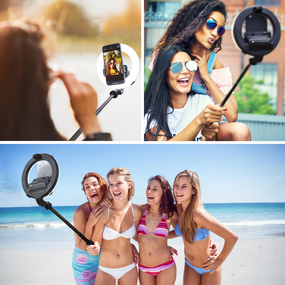 A collage shows women using the Rio GlamourGlow Pro Beauty & Vlogging Ring Light for group selfies, vlogging at the beach and outdoors, with a close-up of a phone mounted on the selfie stick.