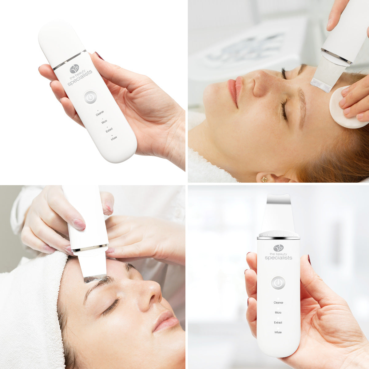 A collage features women using the Rio Ultrasonic Skin Cleanser for exfoliation and cleansing, with close-ups showing its buttons labeled Clean, Moist, Extract, and Infuse.