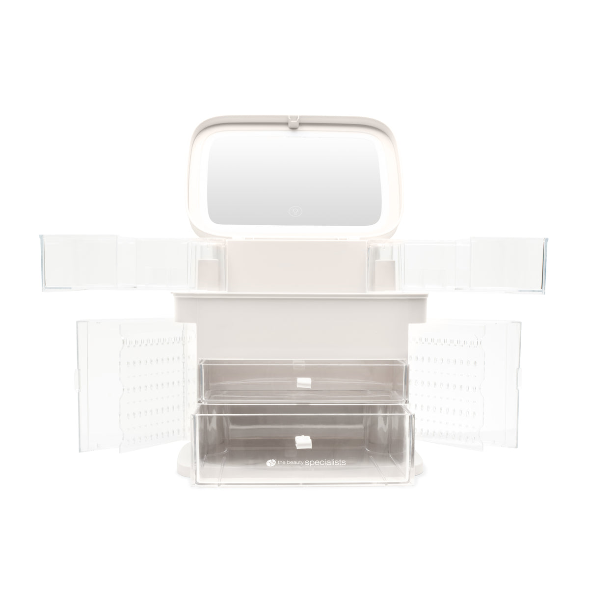 The Rio Ultimate Beauty Storage Box With Dimmable Mirror features two folding side compartments and two clear pull-out drawers—shown open and empty—as the perfect portable organizer against a crisp white background.