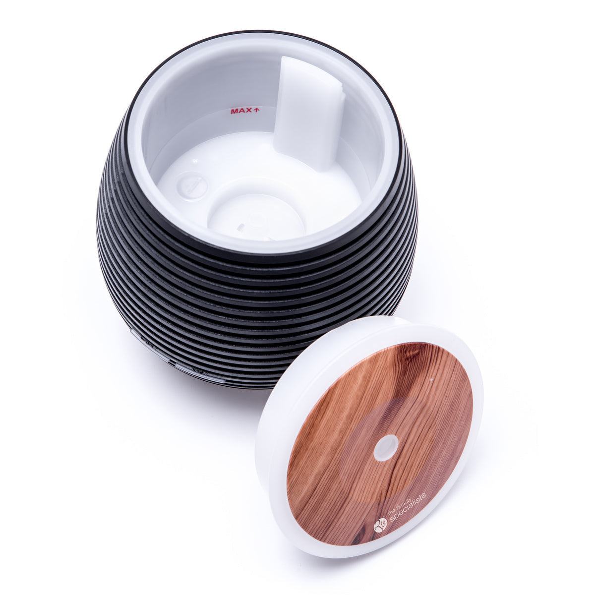 The Rio ZOEY Aroma Diffuser, Humidifier & Night-Light features a round black-striped design with a woodgrain-patterned lid and visible max fill line—ideal for creating a calming, relaxing atmosphere.