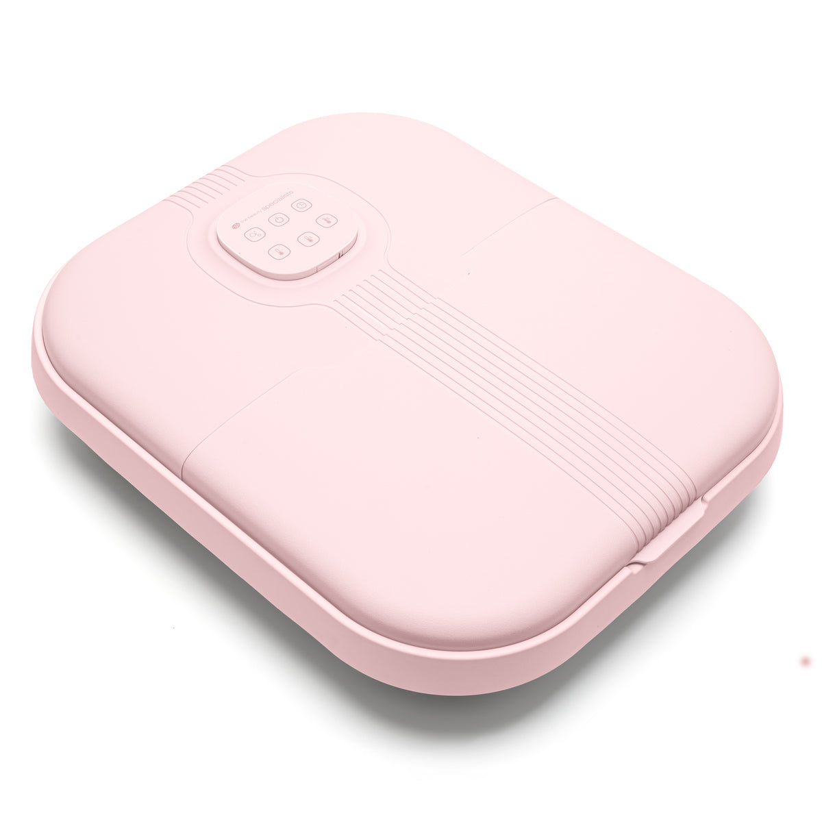 Foldable pink foot bath massager with compact design and control panel—ideal for small space storage.