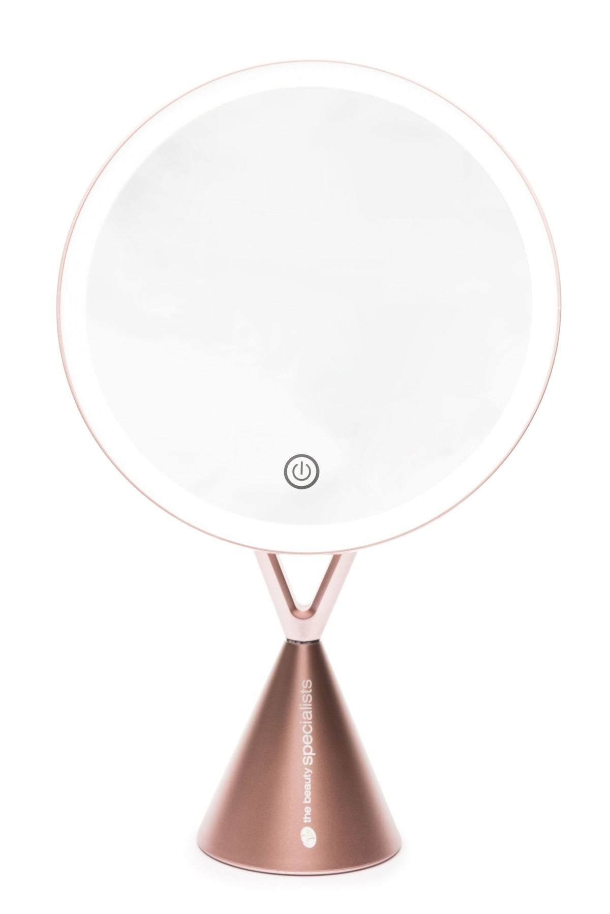 The Rio HD Illuminated Makeup Mirror features a touch power button, a rose gold cone-shaped stand, and comes with a compact magnifying mirror—ideal for precision and daily beauty routines.