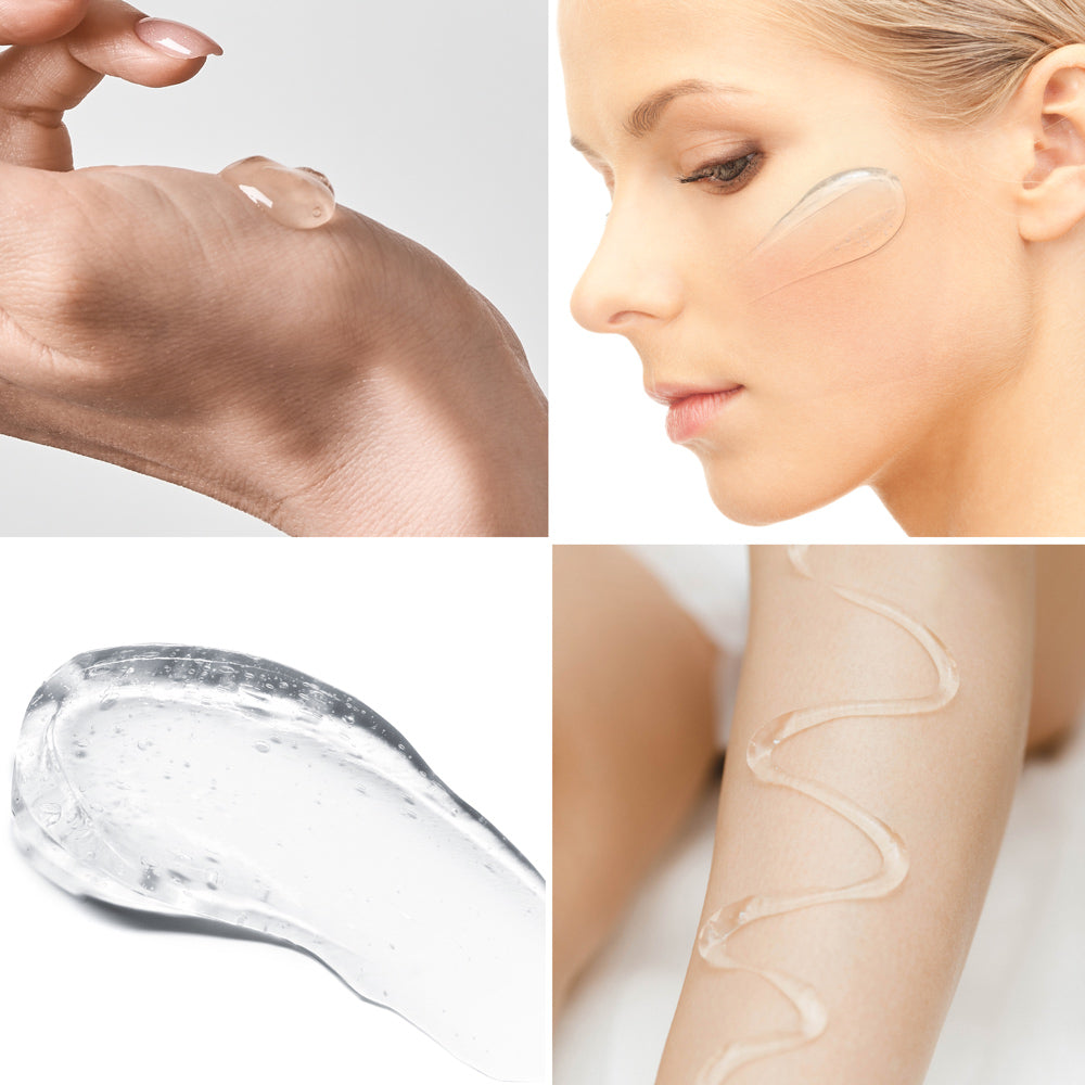 A collage shows Rio EMS, TENS, Electrolytic and Micro-Current Toning Conductive Gel 85ml applied to a hand, cheek, in close-up, and in a zigzag on an arm—perfect for use with micro-current system treatments.