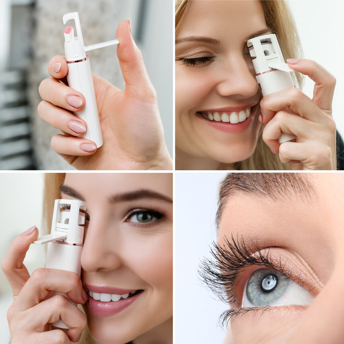 A four-panel collage features a woman using the Rio WOW Lash Heated Eyelash Curler: close-ups of the curler, her curling her lashes, smiling, and a detailed view of her beautifully curled lashes.