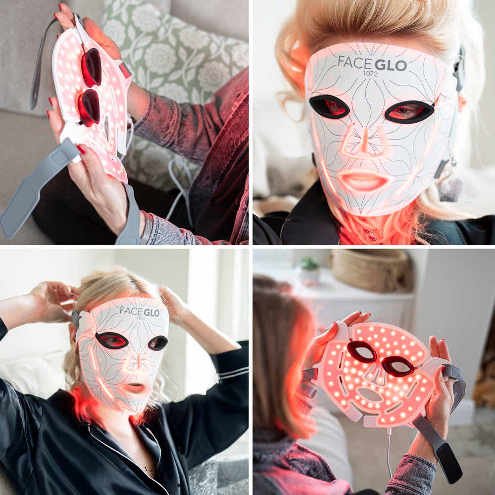 A woman uses the Rio FaceGLO mask featuring clinically effective wavelengths in different ways: holding it, wearing it while seated, adjusting its fit, and displaying its illuminated interior.