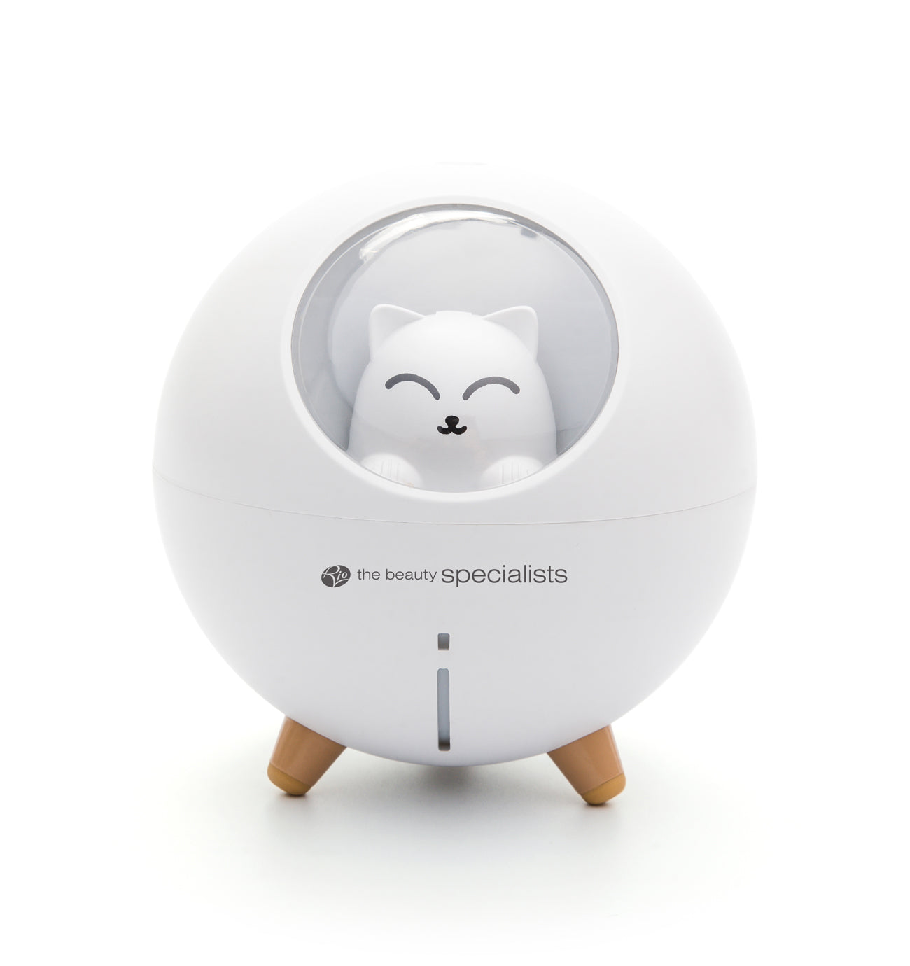 The Rio MIA Cat Childrens Essential Oil Diffuser, Humidifier, and Night Light features a round white design with three wooden legs, a smiling cat figurine in a clear window, and the beauty specialists printed on the front.