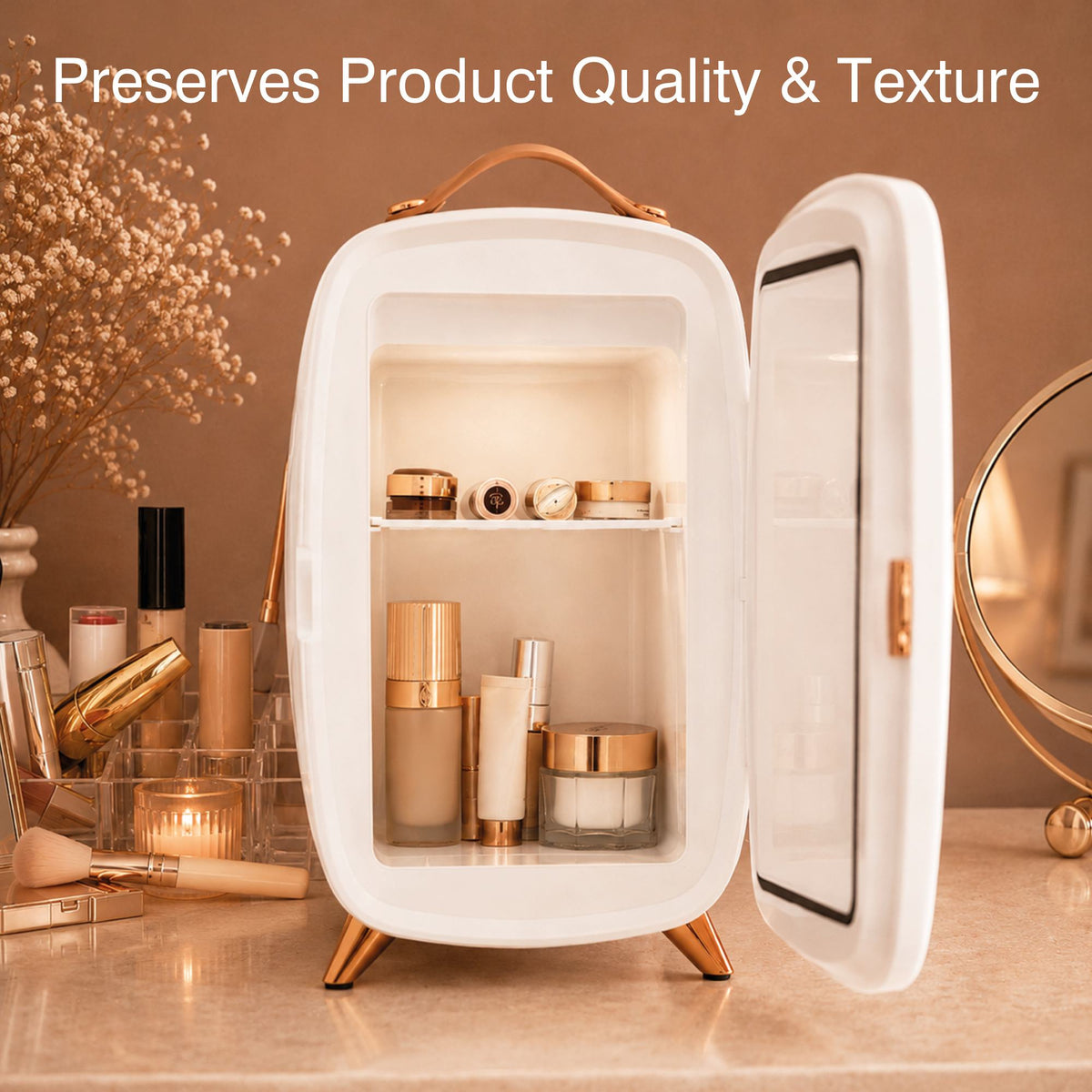A compact white Rio Beauty Skincare Fridge With Mirror, filled with beauty products and creams, sits open on a vanity next to makeup items, brushes, and a mirror. Text above reads: Preserves Product Quality & Texture with Chilled Storage for Cosmetics.