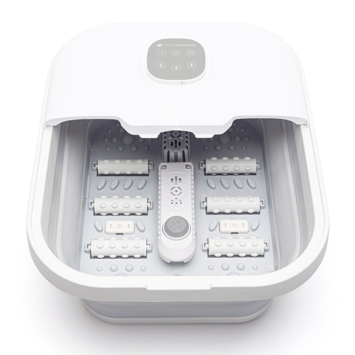The Rio Deluxe Foldaway Foot Spa Bath is a white electric spa featuring a digital control panel and six textured massage rollers for relaxing soaks and effective foot treatment.