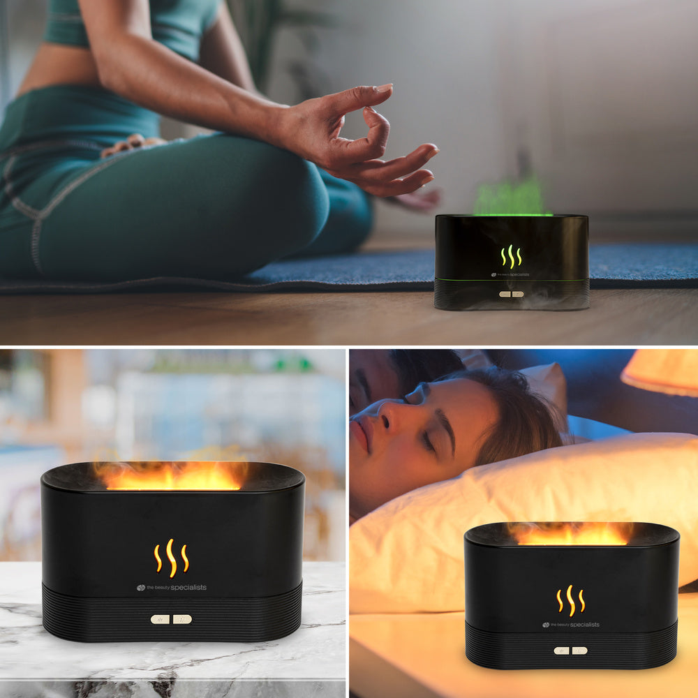 A three-panel image shows the Rio ALTA Aroma Diffuser, Humidifier and Night-light: first by a person meditating, next on a table, and last beside a sleeping woman, glowing softly with light that looks like steam or flame.